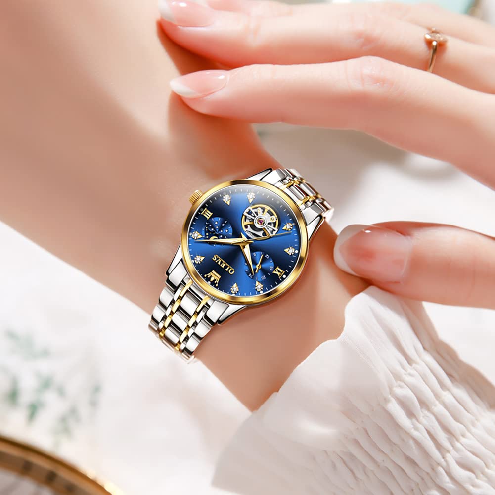 OLEVS Women's Luxury Automatic Diamond Self-Winding Dress Watch with Moon Phase & Luminous Blue Dial - Stainless Steel Waterproof Wristwatch for Business, Party & Formal Occasions