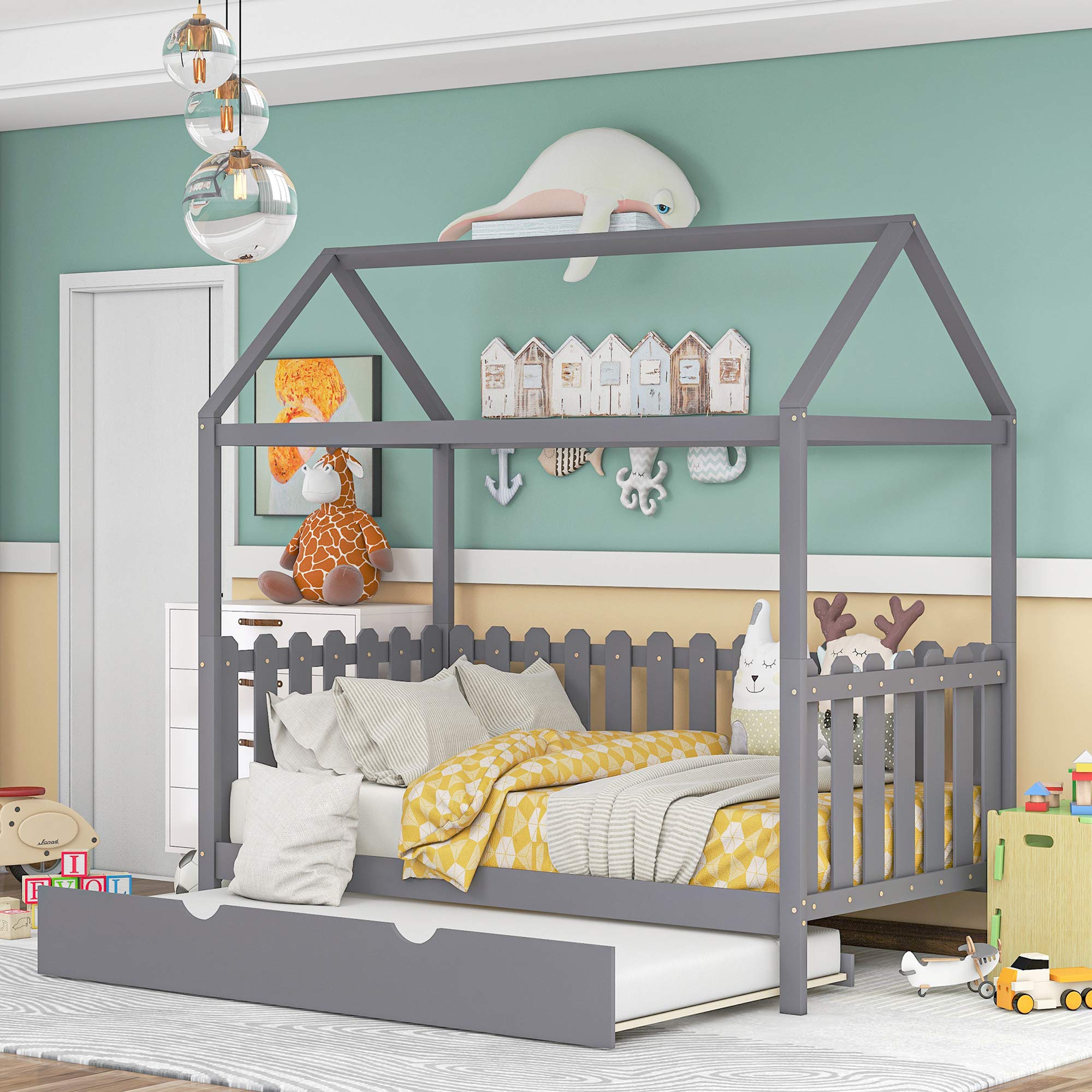 P PURLOVE Twin Size Wooden House Bed Frame with Trundle - Fence-Shaped Safety Guardrails for Kids, Teens, Boys & Girls (Gray) - Perfect for Bedrooms, Playrooms & Sleepovers