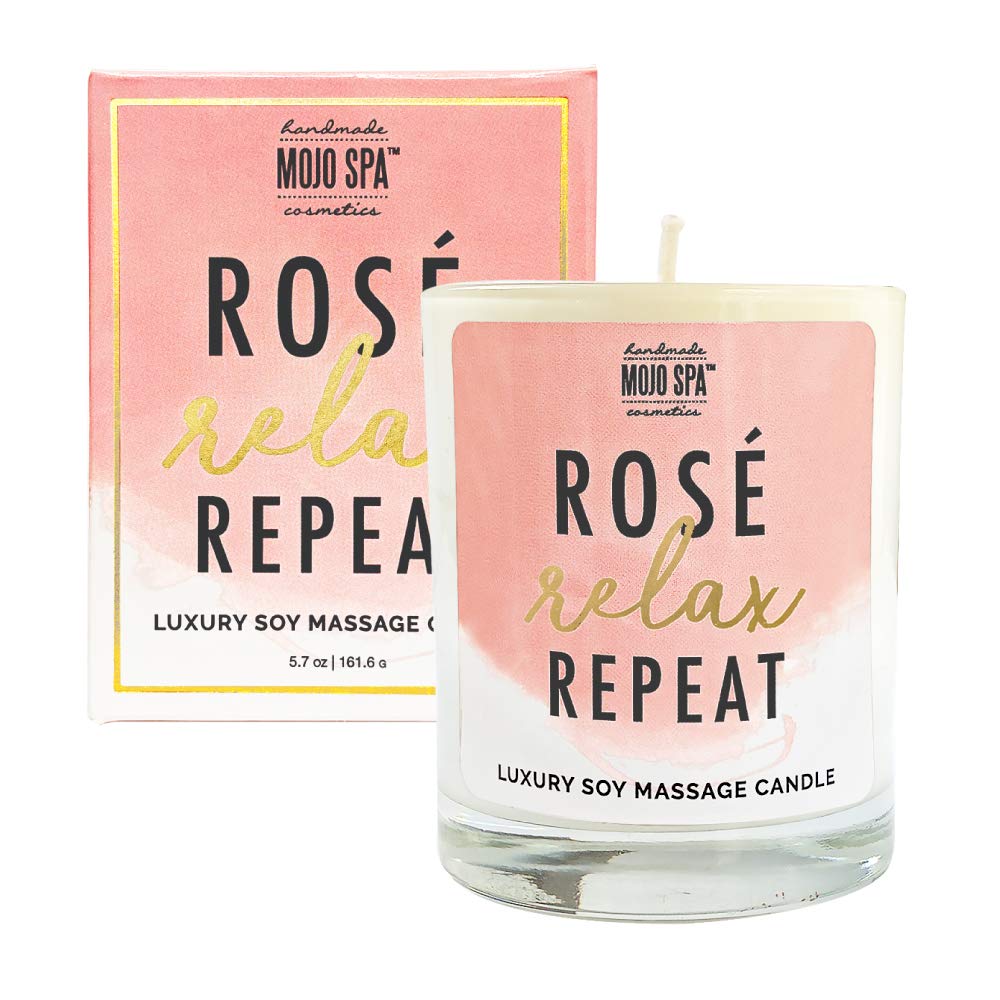 Mojo Spa Rosé Relax Repeat Extra Large Gift Set - 4 Handmade Natural Bath & Body Products for Women | Face & Body Scrub, Soap Cream, Bath Salts, Massage Candle | Perfect for Self-Care, Spa Day, Birthday & Anniversary Gifts