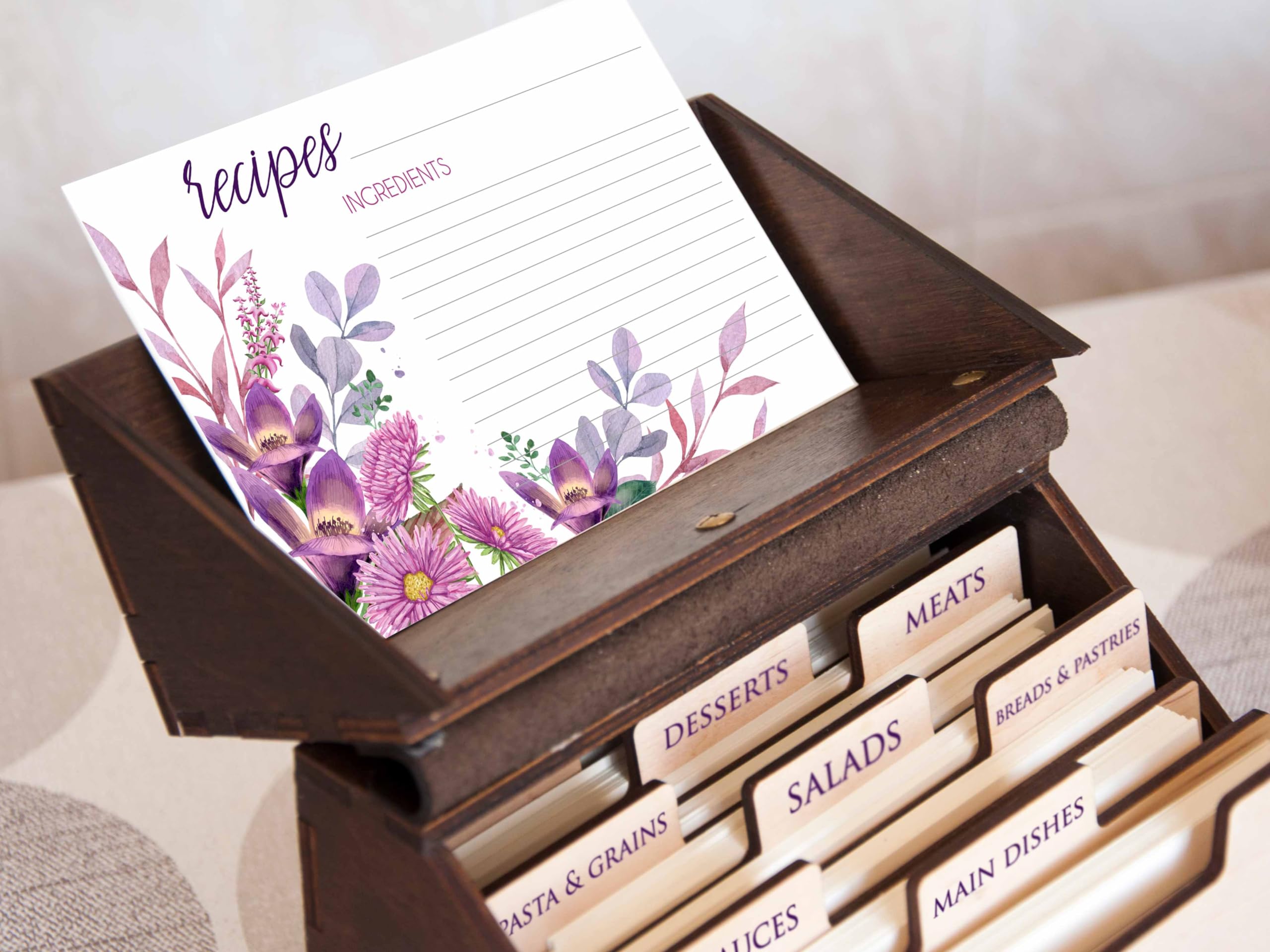 Personalized Wooden Recipe Box with Dividers & Recipe Cards - Floral Design Recipe Organizer - Anniversary Gift for Wife, Bridal Shower Gift for Daughter - Perfect for Kitchen Organization & Family Recipe Storage