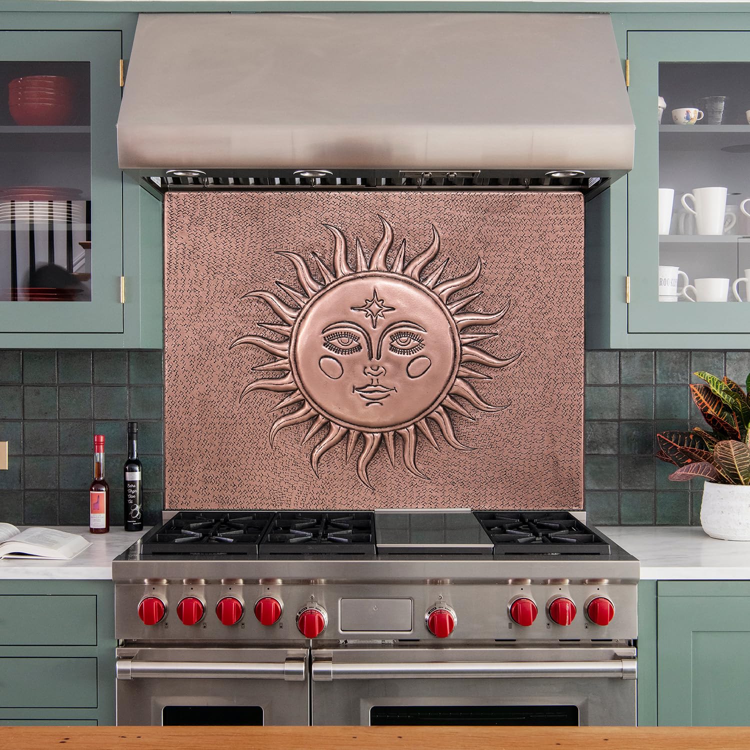 Handmade Copper Backsplash Tile - Sun with Face Design - Custom Kitchen Backsplash Panel for Indoor & Outdoor Wall Decor | Durable & Stylish for Home, Restaurant, or Cafe Use