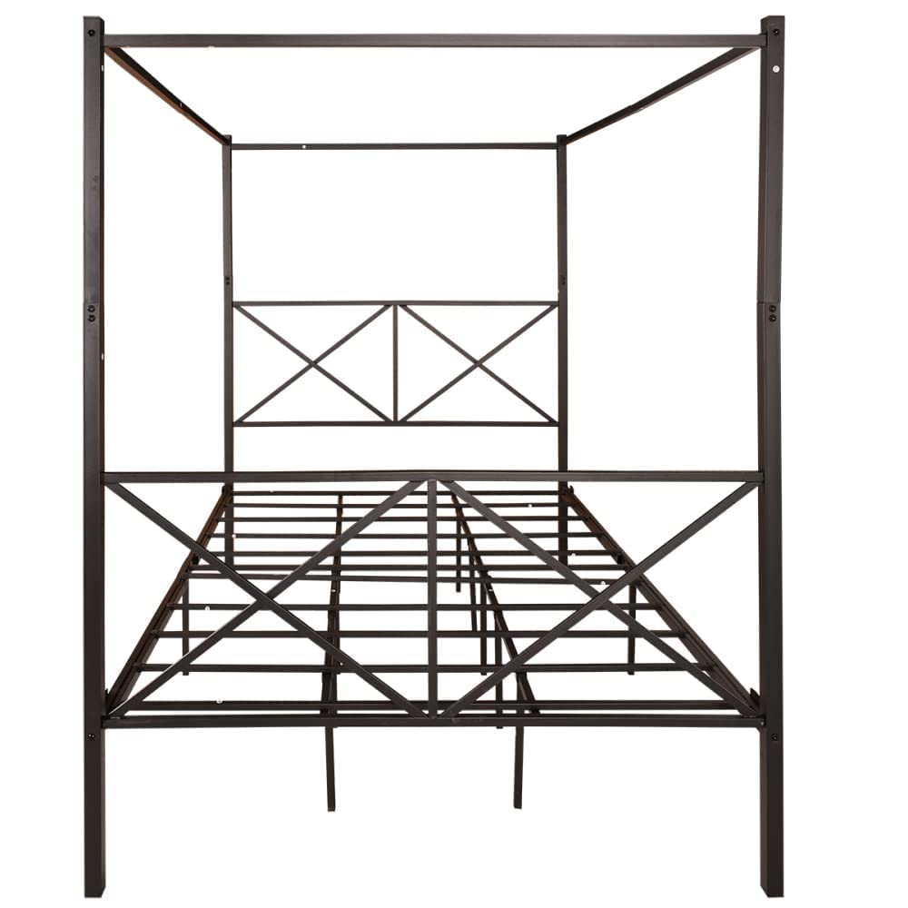 Queen Size Metal Canopy Bed Frame - No Box Spring Needed, Sturdy X-Shaped Design for Bedroom & Guest Room Decor