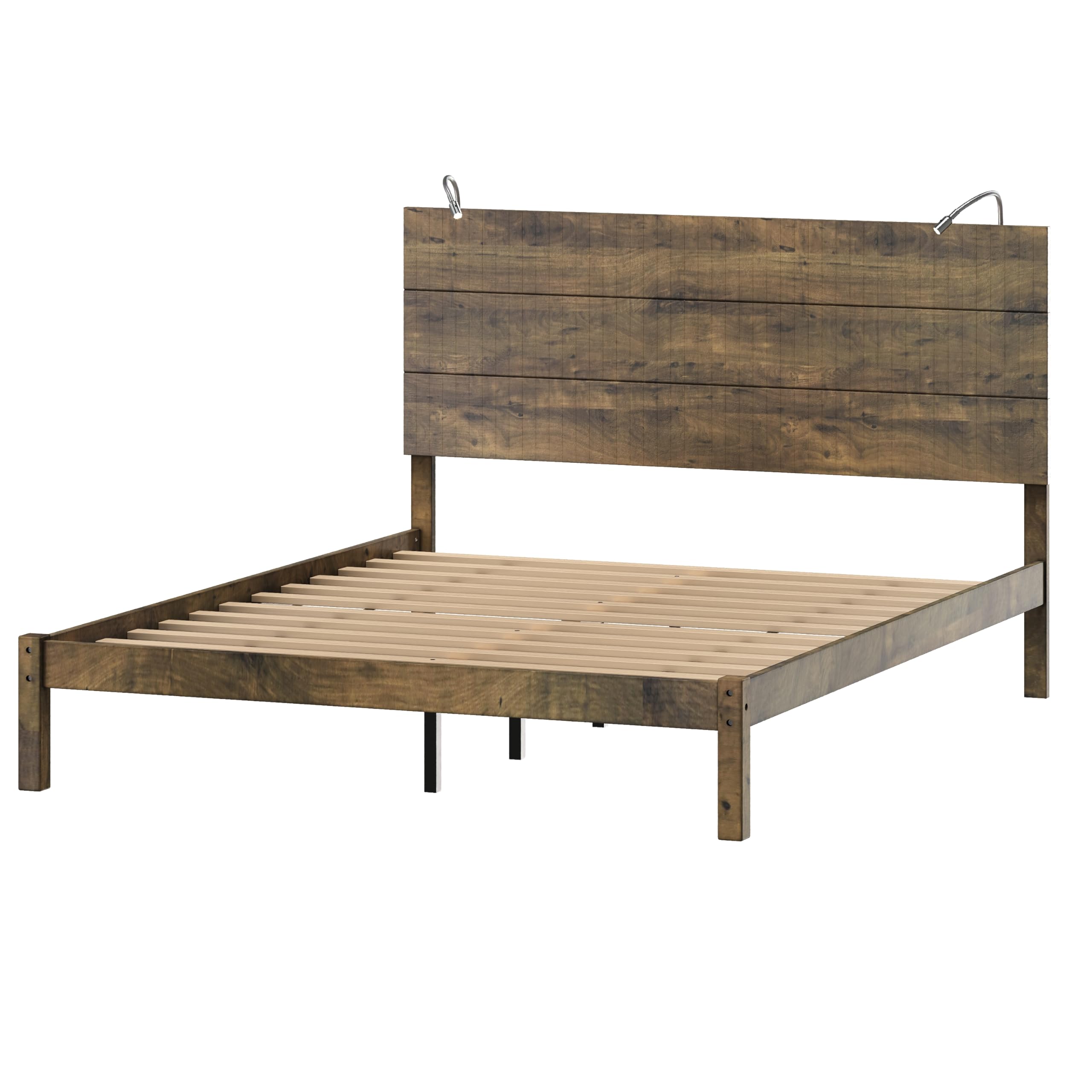 Full Size Wood Platform Bed Set with Nightstands & Lights - Farmhouse Bedroom Furniture for Kids, Teens & Adults - Perfect for Cozy Bedrooms