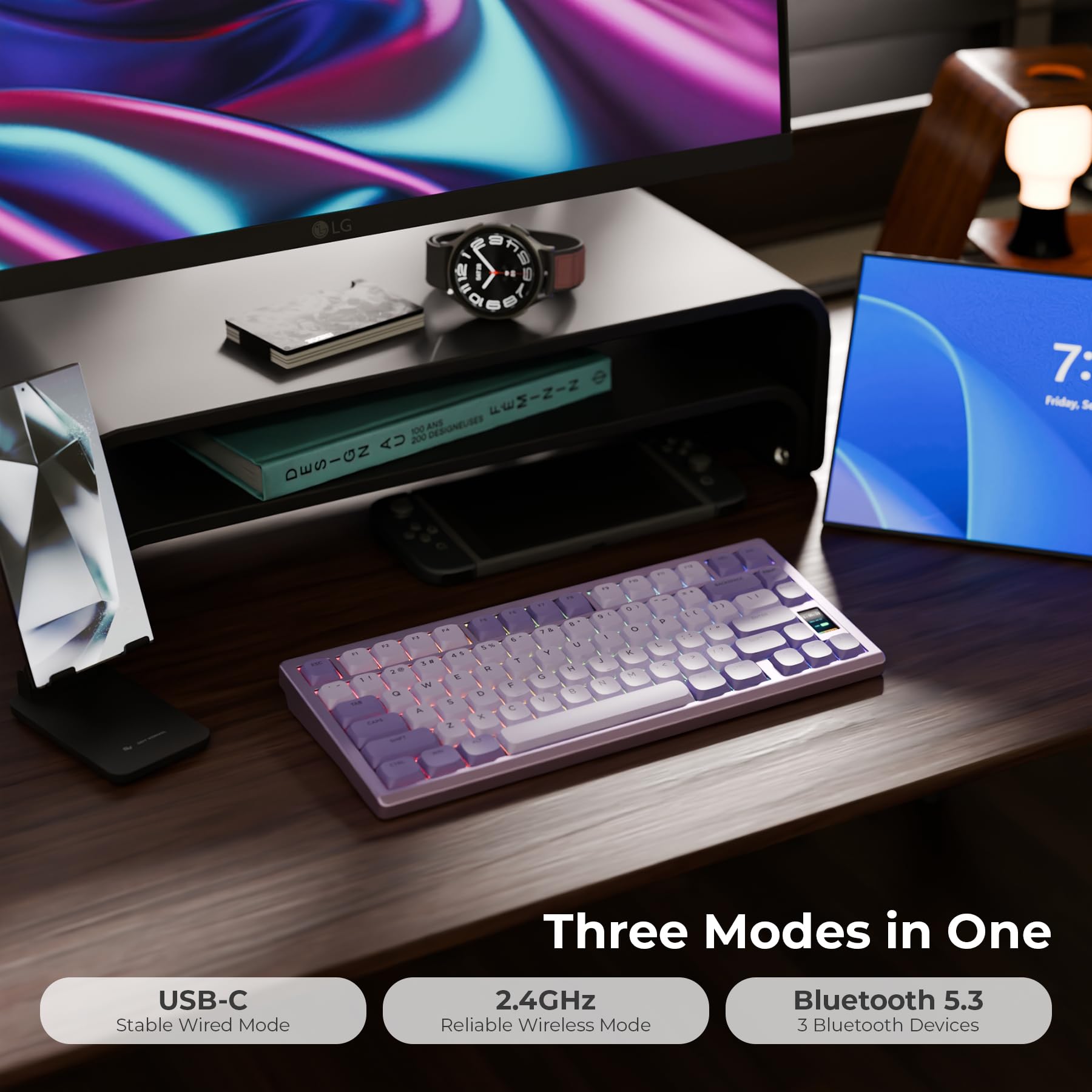 Chilkey ND75 LP Low Profile Aluminum Mechanical Keyboard - 75% Wireless Gaming Keyboard with Screen, Tri-Mode Connectivity, Quick Disassembly, RGB Backlit - for PC, Laptop, Office & Gaming (Purple) | Perfect for Esports, Typing & Professional Workstations