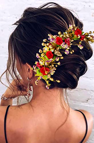 Elegant Floral Hair Vine with Leaves, Beads & Pearls - Women's Hair Accessories for Weddings, Prom & Special Occasions - Red Juda Bun Pin (2300)
