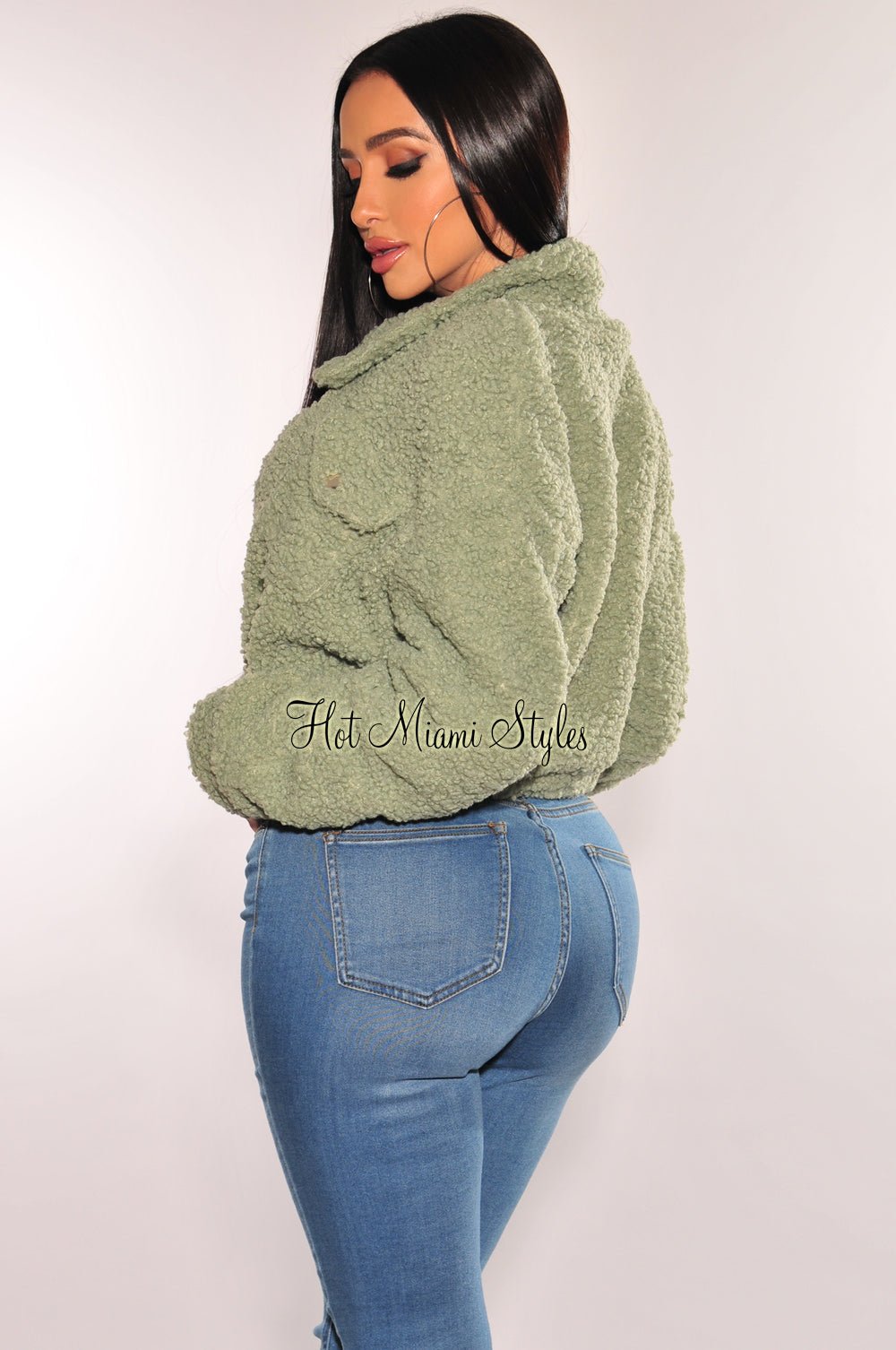 Sage Green Teddy Bear Collar Long Sleeve Cropped Jacket for Women - Cozy Winter Outerwear for Casual Outings and Street Style Fashion