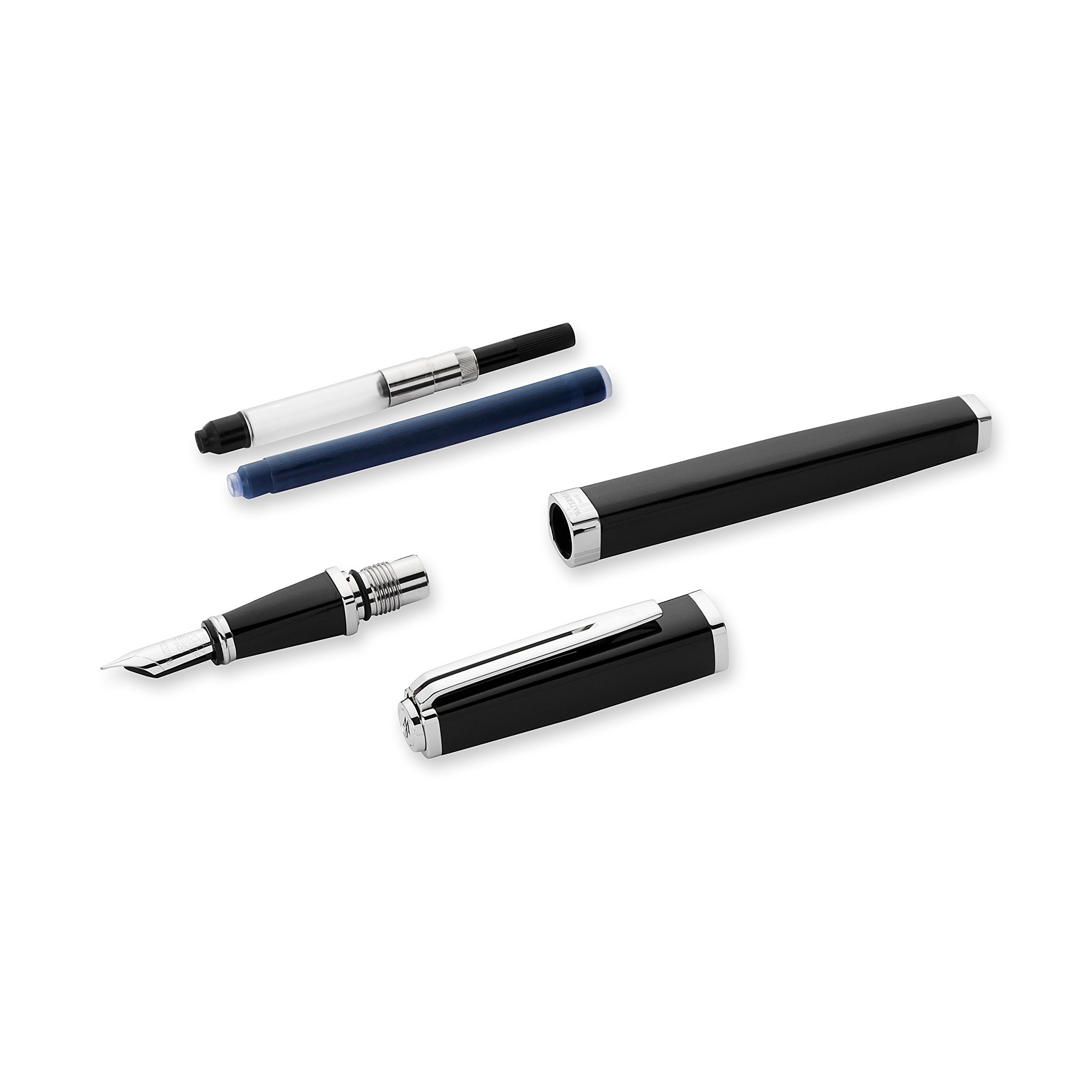 Waterman Exception Fountain Pen - Slim Black with Silver Plated Clip, Fine Nib & Blue Ink Cartridge | Luxury Writing Instrument for Professionals, Gift Box Included | Perfect for Business Signatures, Journaling & Elegant Correspondence