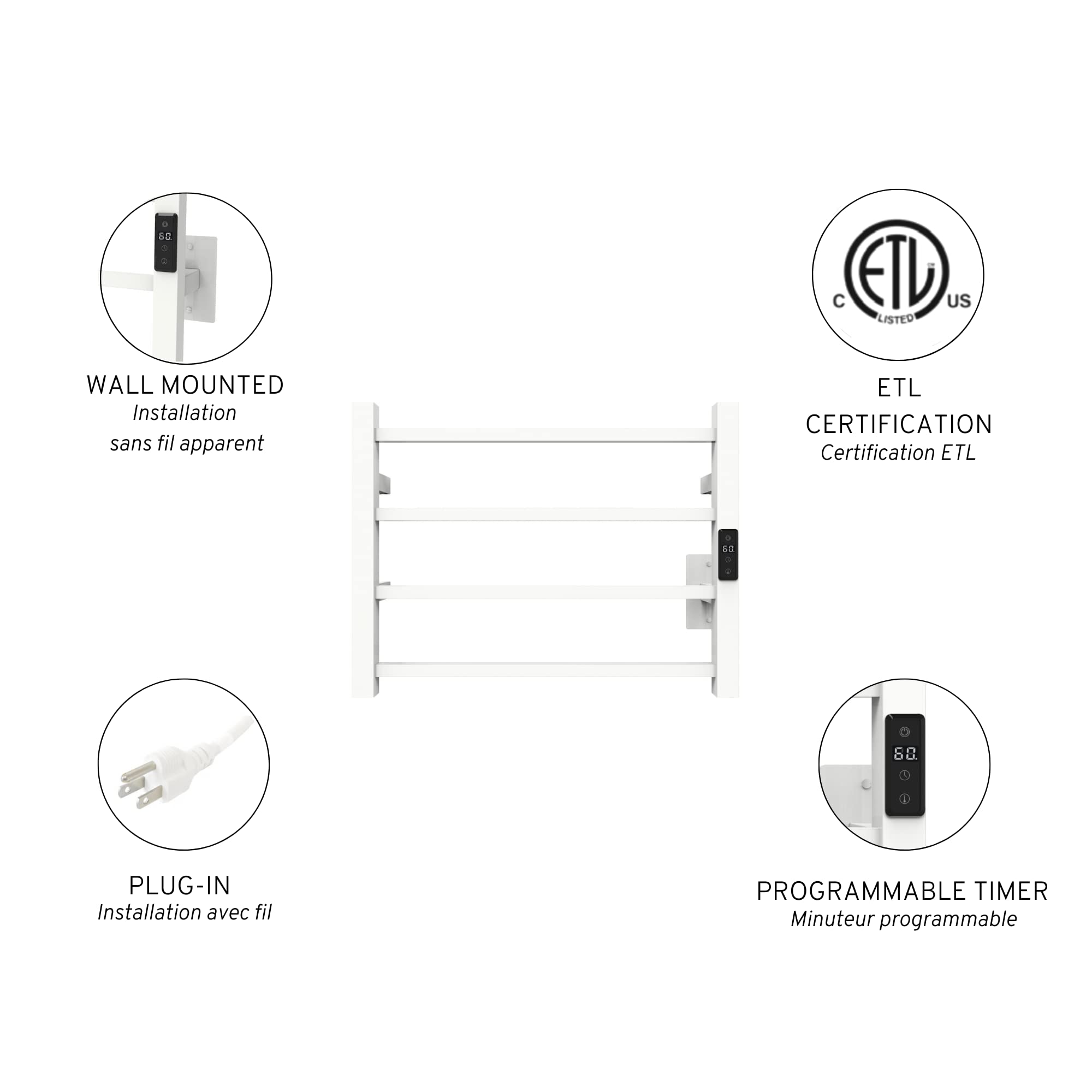 Odass Premium Towel Warmer with Built-in Timer & LED Display - Adjustable Temperature 86°F to 140°F (30°C to 60°C), 4-Square Bar Design, Wall Mounted Bathroom Heater - Perfect for Spa, Luxury Hotels & Cozy Home Bathrooms