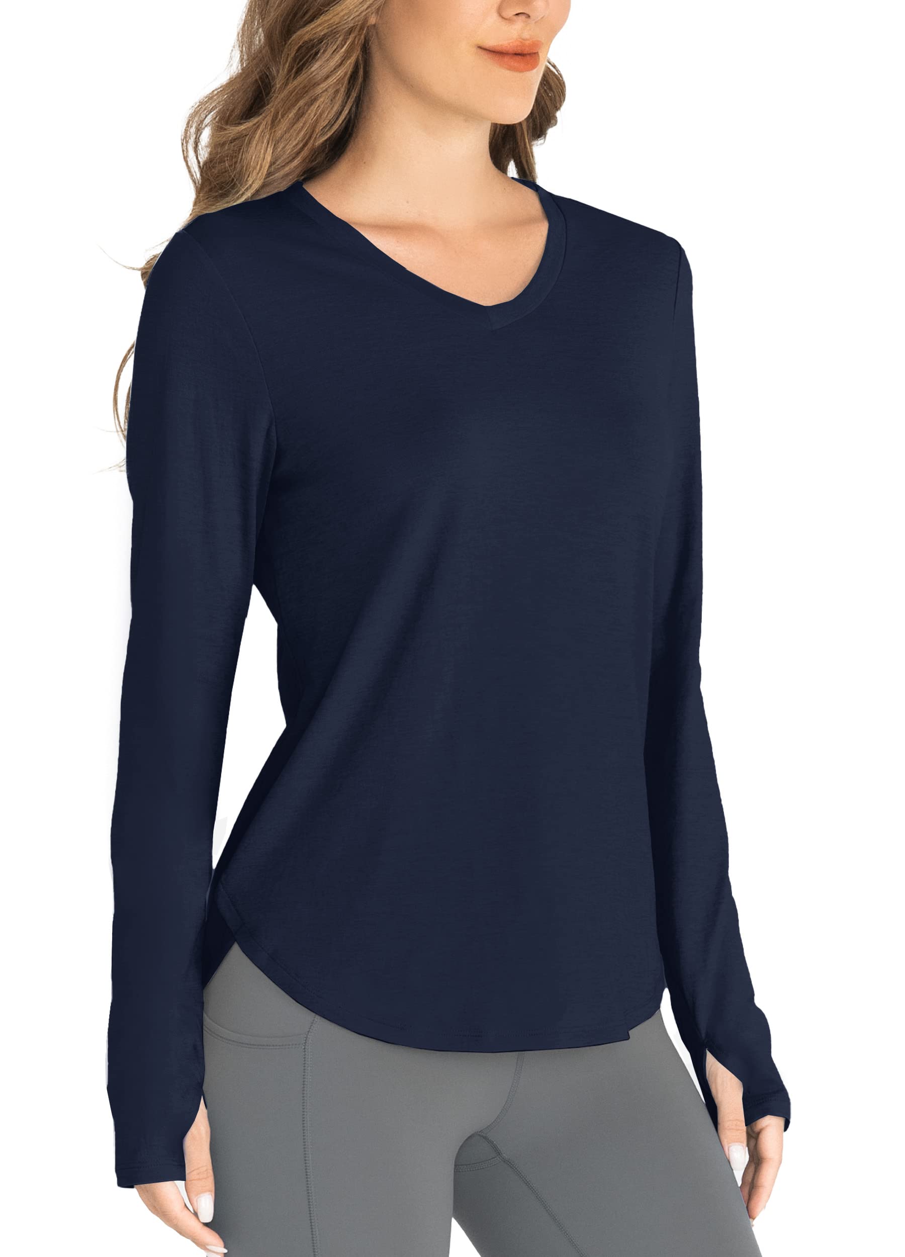 Hiverlay Women's Long Sleeve Workout Shirts - V Neck Athletic Tops with Thumbholes for Running, Yoga & Gym | Moisture Wicking Loose Fit Activewear for Training & Outdoor Sports