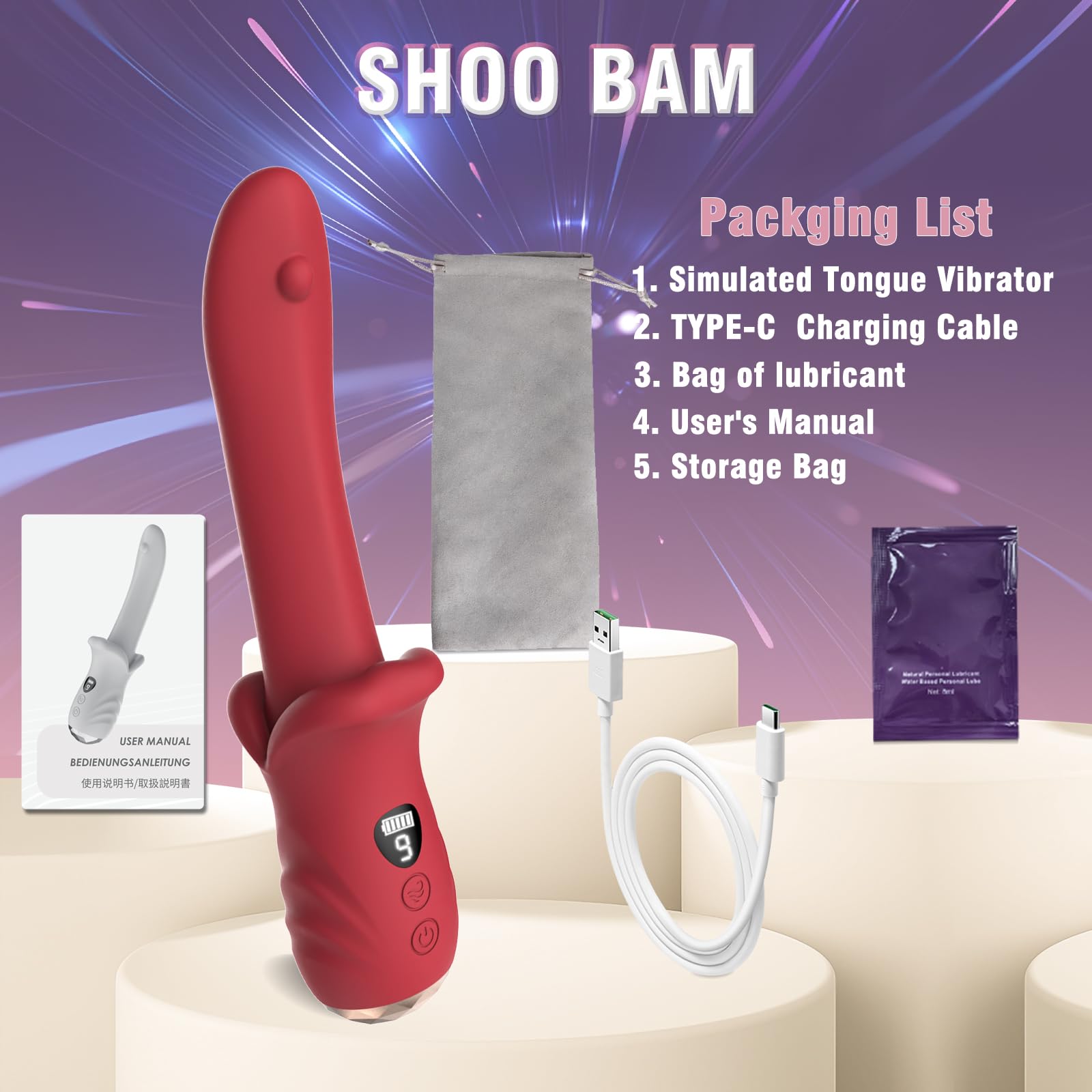 Realistic Tongue Vibrator Dildo - SHOO BAM Rose Sex Toy with 9 Vibrating Modes & LCD Display for Women & Couples - G Spot, Clitoral, Anal & Nipple Stimulator | Perfect for Solo Play, Couples Intimacy & Sensual Exploration