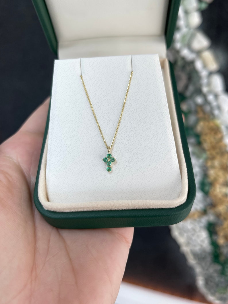 0.15tcw Petite Round Emerald Cross Necklace for Kids - 14K Gold Religious Jewelry - Perfect for Baptism, First Communion & Special Occasions