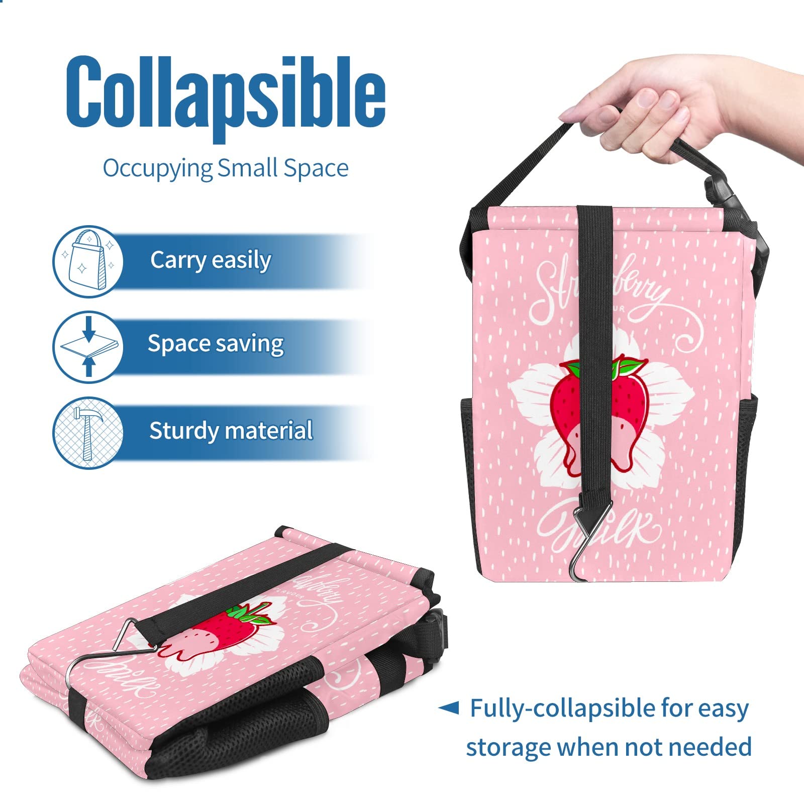 Collapsible Reusable Waterproof Car Trash Can with Lid - Strawberry Milk Design - Automotive Garbage Bin for Car, Truck & SUV - Perfect for Road Trips, Commuting & Keeping Your Vehicle Clean