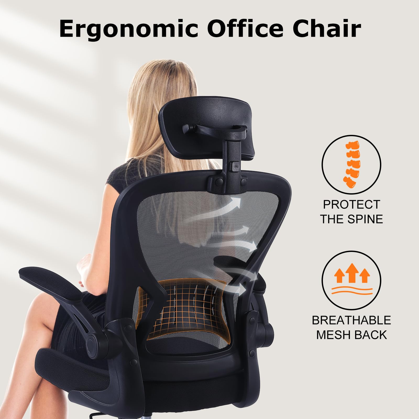 Ralex-Chair Ergonomic Office Chair with Adjustable Headrest & Lumbar Support - Flip-Up Armrests Desk Chair for Home, Office & Conference Room - Perfect for Long Work Hours, Gaming & Video Calls