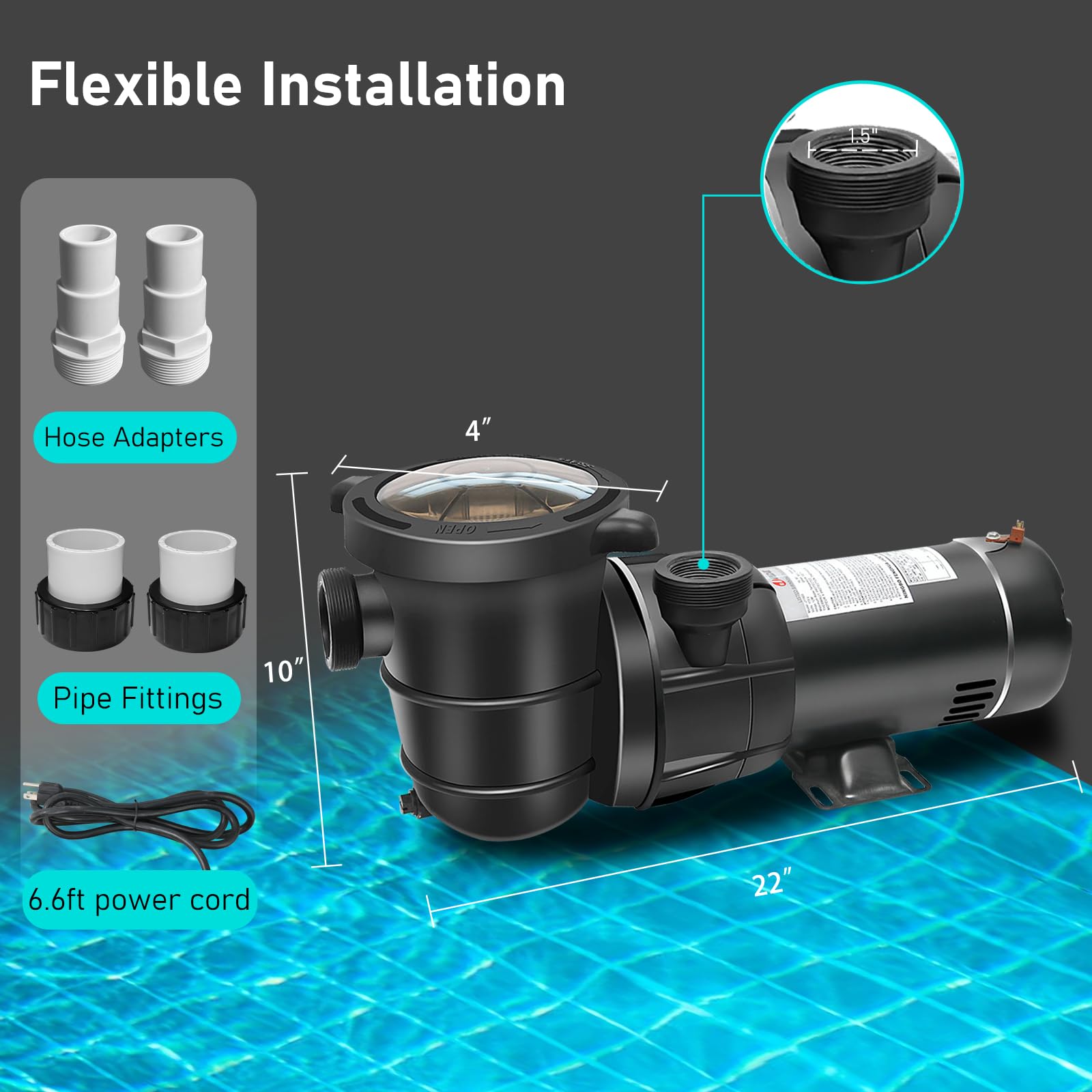 Energy Efficient 1.5HP 115V 4920GPH Above Ground Pool Pump | DoE-Compliant & CEC Approved | On/Off Switch & Reversible Discharge Port | Perfect for Backyard Swimming Pools, Water Circulation & Maintenance