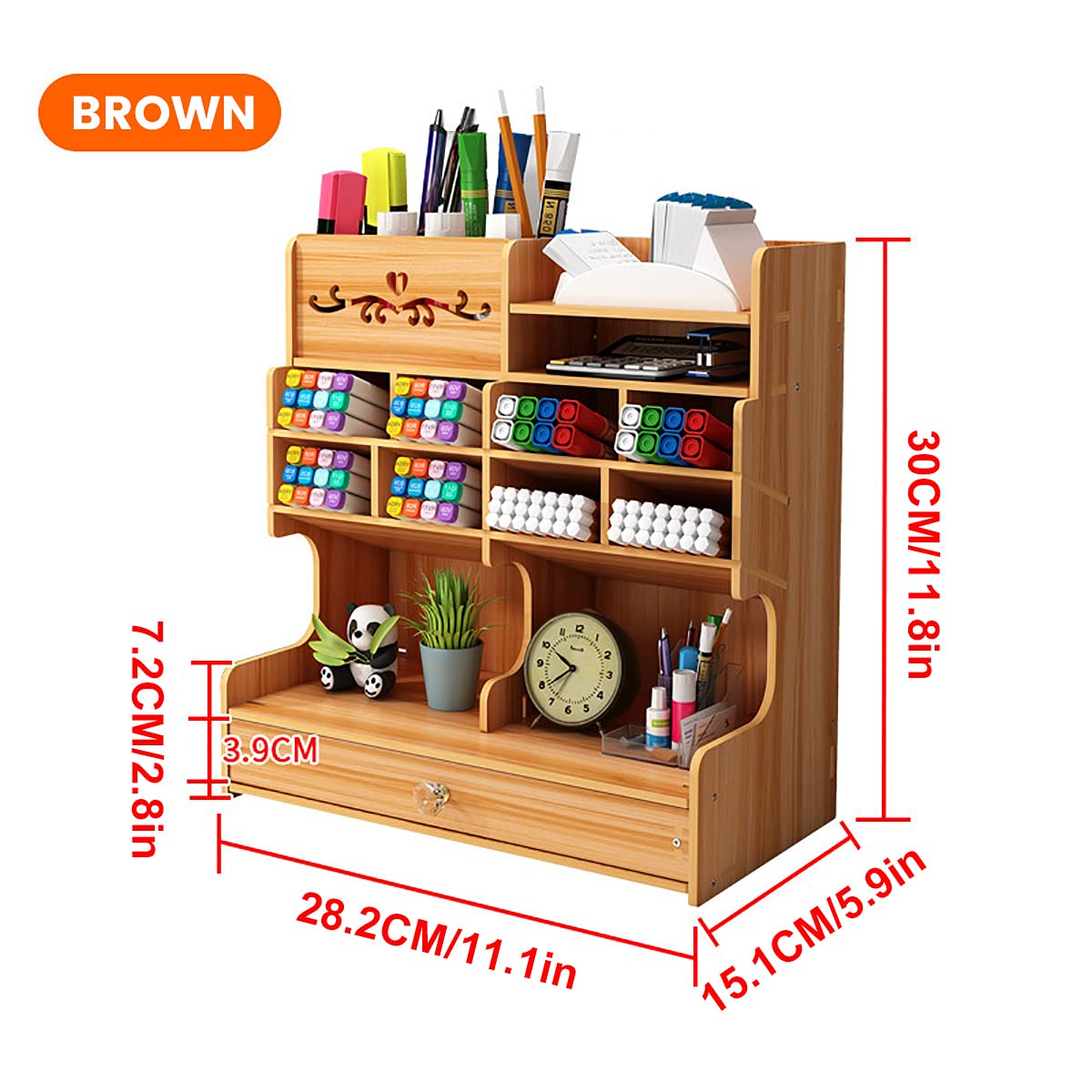 Catekro Wooden Desk Organizer with Multi-Function Drawer - Pen Holder, Stationery Storage Box for Office, School & Home Use (Brown) - Perfect for Organizing Pens, Pencils, Paper Clips & Office Supplies on Your Desk
