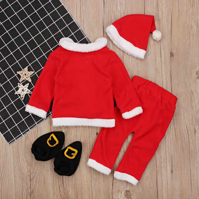 4PCS Christmas Santa Claus Plush Outfit Set - Newborn Baby Boy Winter Fleece Top+Pants+Hat+Socks - Warm Holiday Costume for Infants & Toddlers - Perfect for Christmas Parties, Photo Shoots & Festive Celebrations