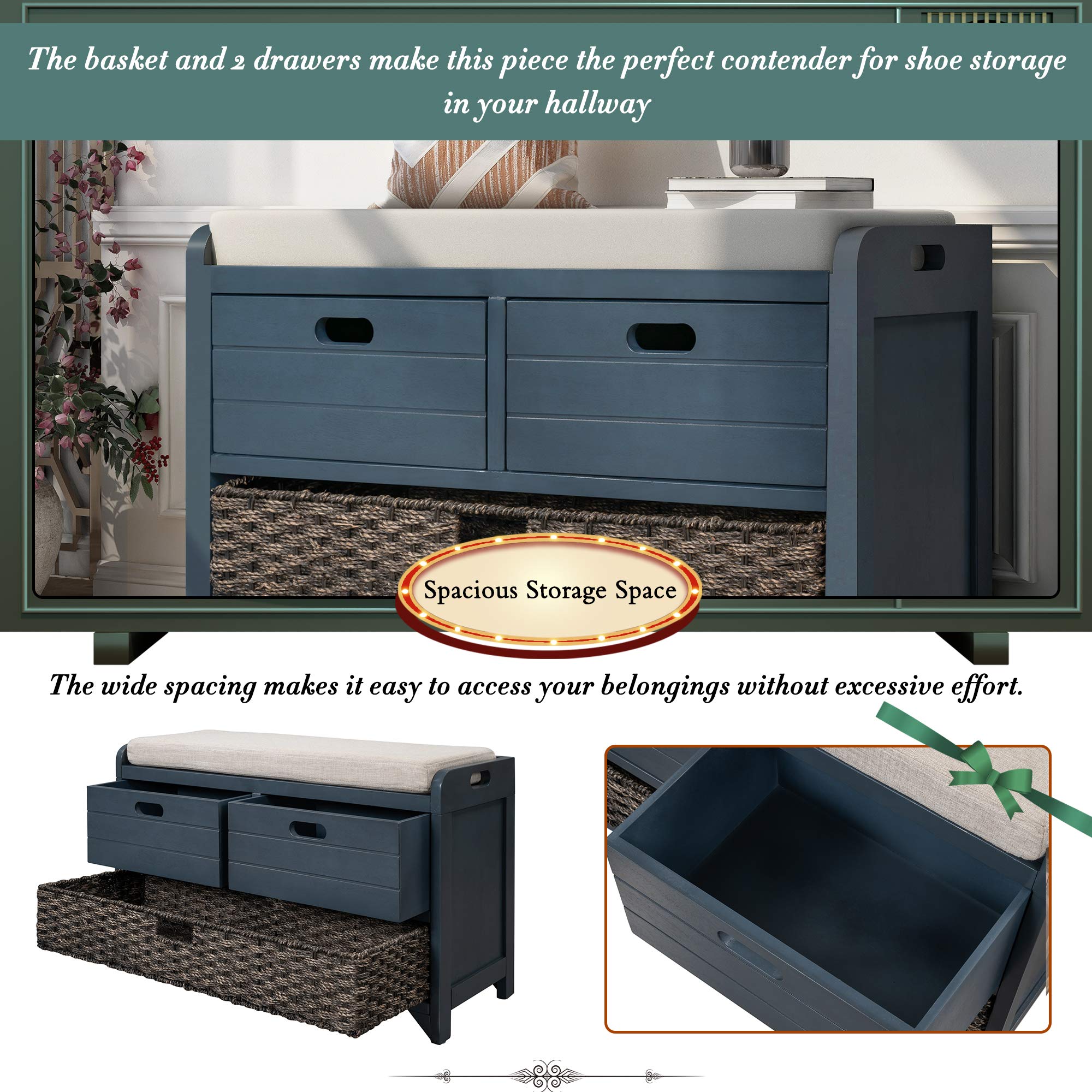 P PURLOVE Fully Assembled Wooden Entryway Storage Bench with Removable Cushion, 2 Drawers & Basket - Shoe Organizer for Hallway, Living Room & Bedroom - Perfect for Entry Storage, Seating & Home Decor