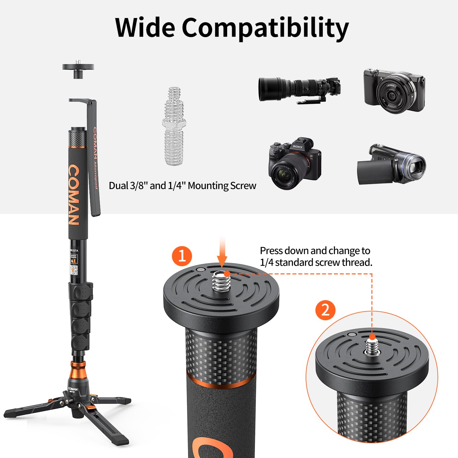 Coman Professional Q6 Video Camera Monopod with Tripod Stand - 70.6 Inch Heavy Duty Aluminum Monopod with Feet, Supports 22 lbs for DSLR Cameras (Canon, Nikon, Sony) - Perfect for Travel Vlogging, Wedding Photography & Outdoor Shooting