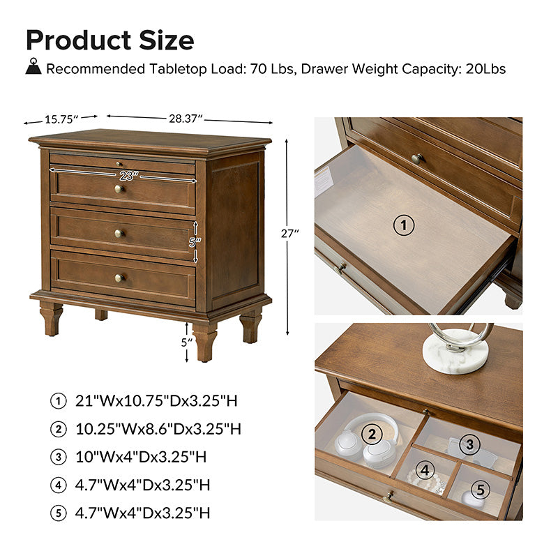 Galatea 3-Drawer Nightstand with USB Charging Ports & Power Outlets - Modern Bedside Table with Storage for Bedroom, Living Room or Office