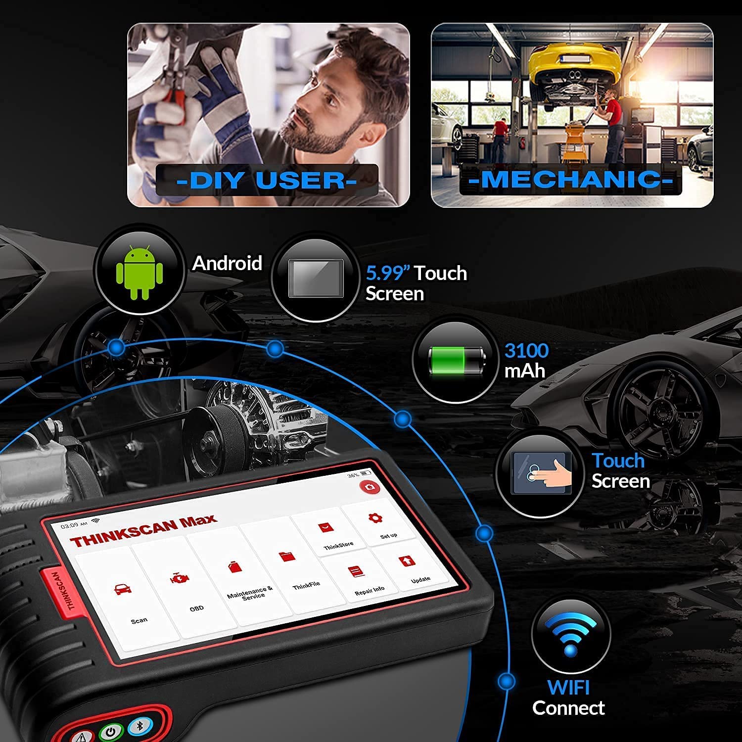 Thinkscan Max Professional OBD2 Scanner - Full System Car Diagnostic Tool for All Vehicles with 28 Maintenance Functions | AutoVIN, EPB, BMS, SAS, ABS Bleeding, Oil Reset, Injector Coding & TPMS Services | Perfect for Mechanics, DIY Enthusiasts & Auto Shops (Works on Cars, Trucks & SUVs)