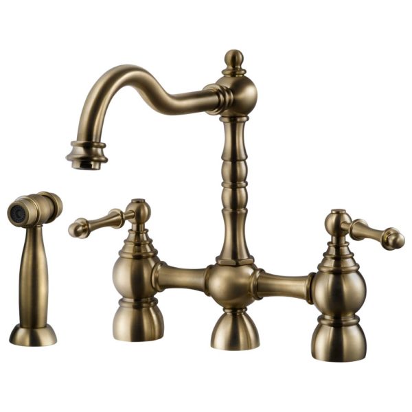 NOBS 4000 AB Two Handle Bridge Faucet with Side Spray in Antique Brass - Vintage Style Kitchen Sink Faucet for Farmhouse & Traditional Home Decor