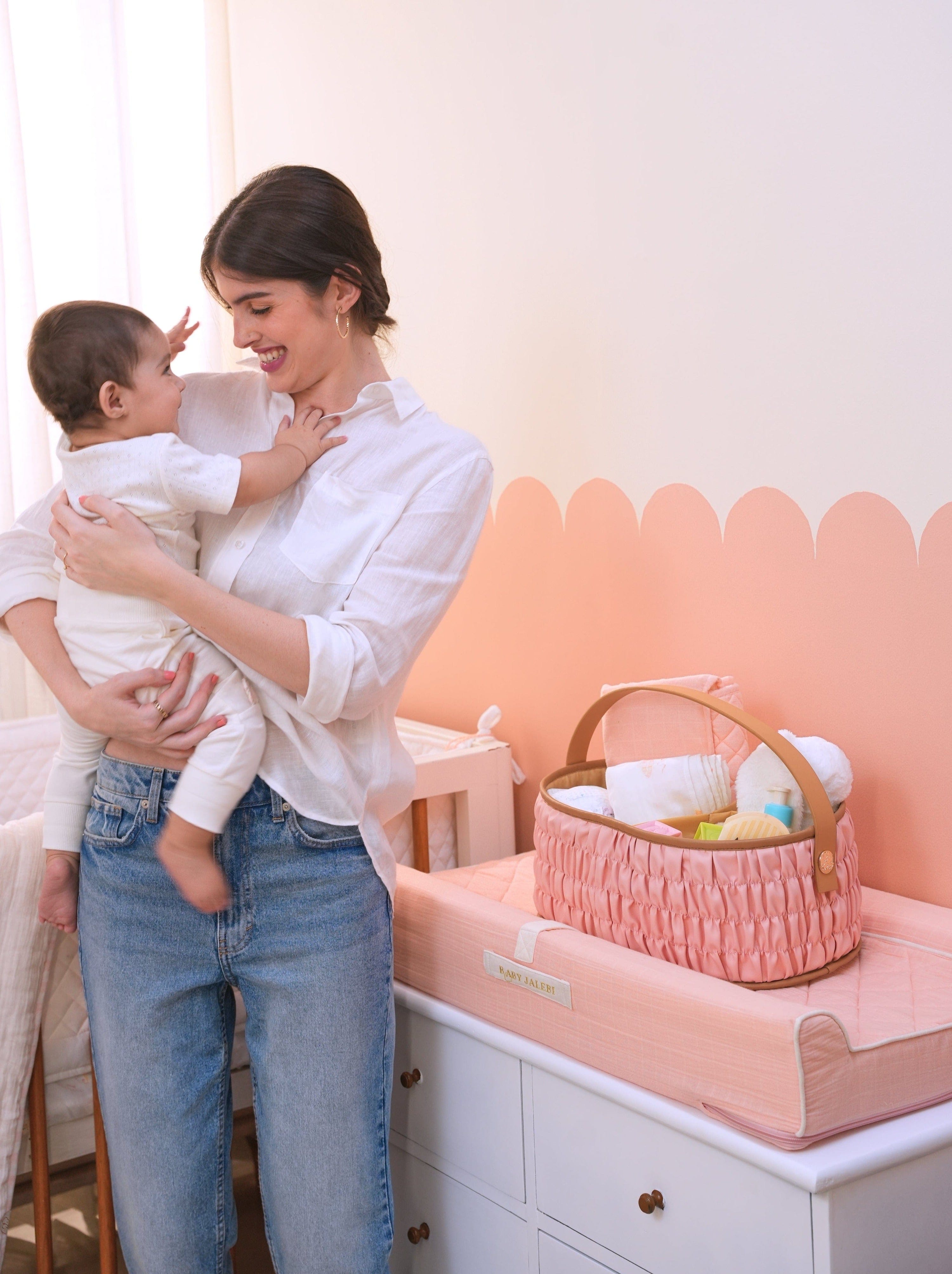 **Pink Dune Diaper Caddy - Portable Baby Essentials Organizer for Nursery, Changing Table & Travel**