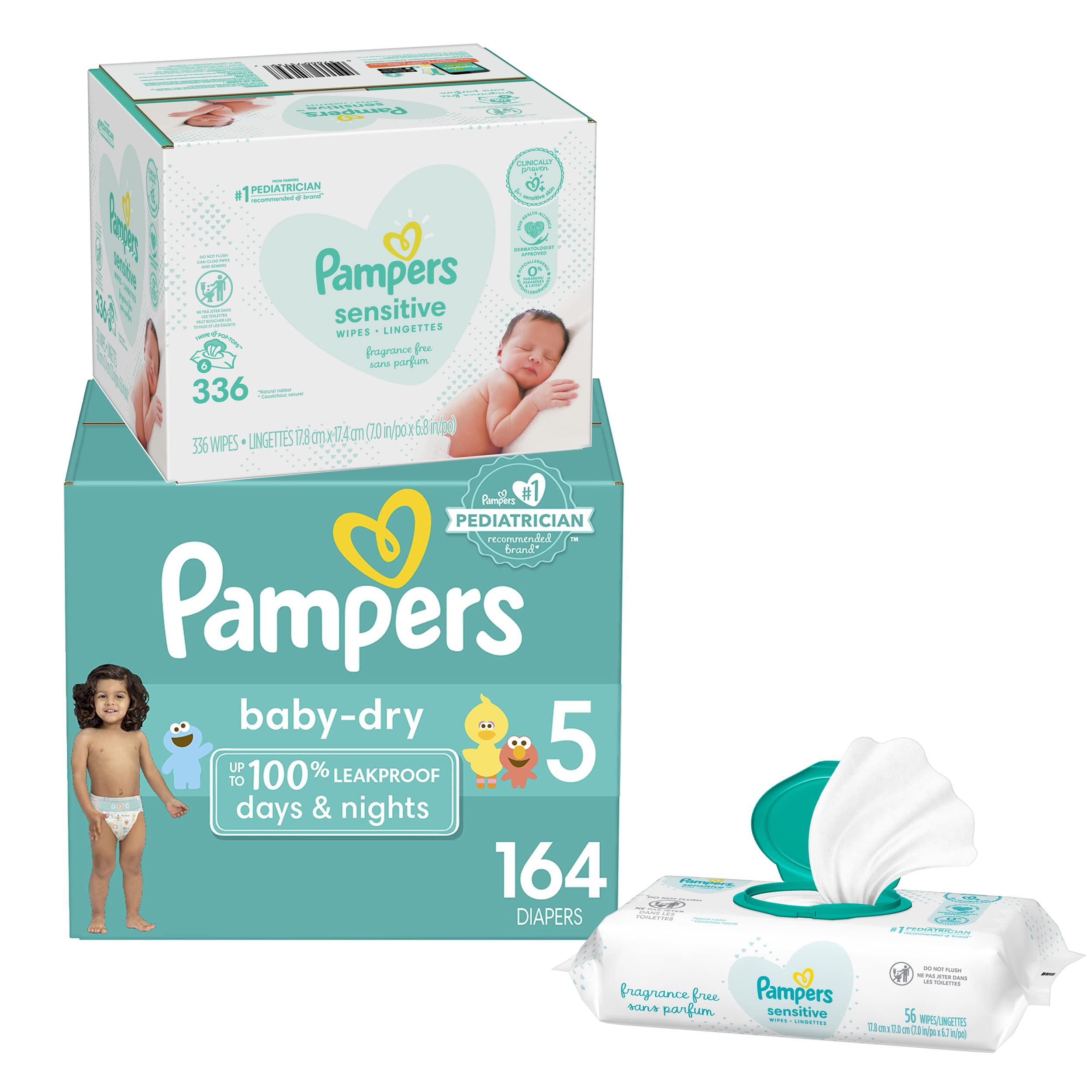 Pampers Baby Dry Disposable Diapers Size 5 (164 Count) & Sensitive Baby Wipes (336 Count) - One Month Supply for Newborns & Infants | Gentle Protection for Overnight & Daytime Use | Perfect for Home, Travel & Daycare