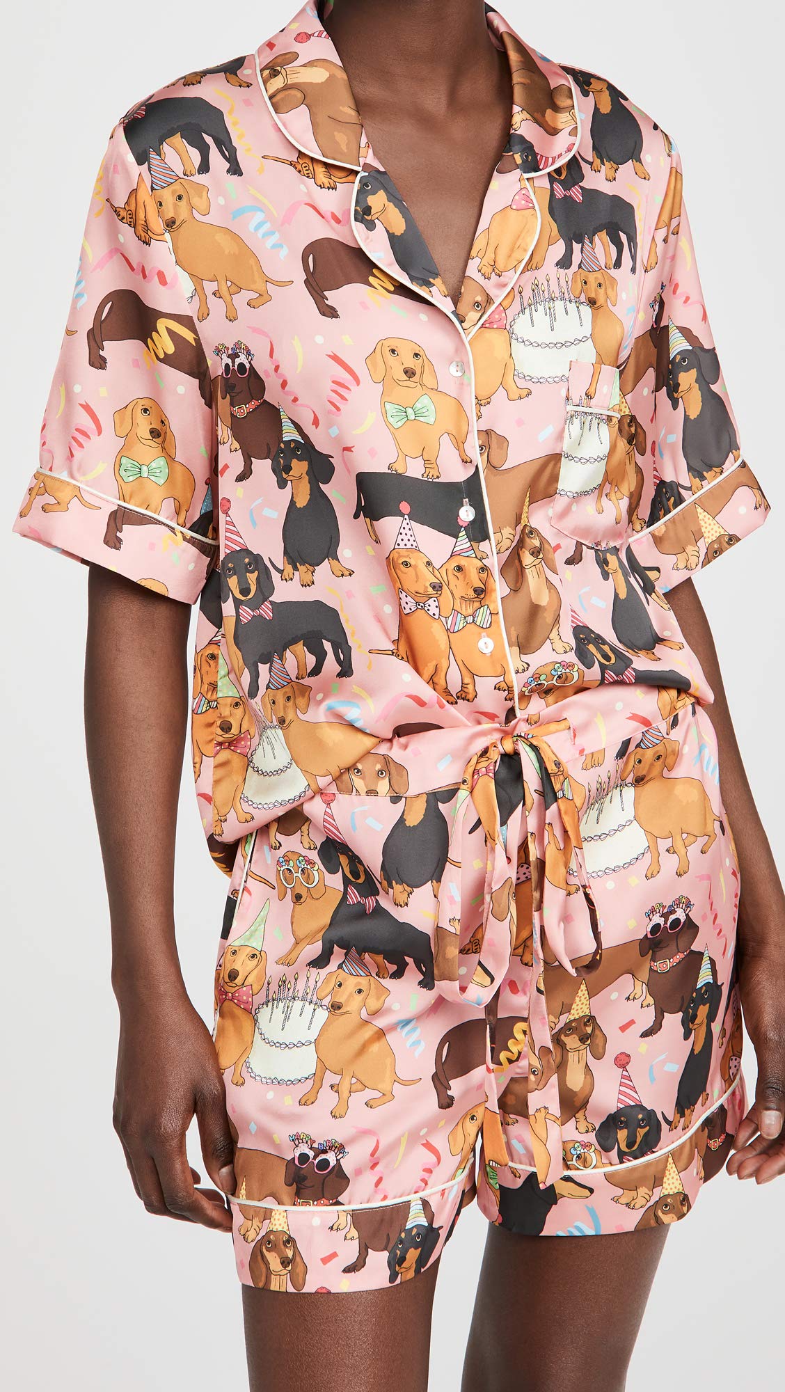 Karen Mabon Women's Hot Dog Birthday Party Short Sleeve Top & Shorts Set - Fun Summer Outfit for Casual Wear, Beach Parties & Festive Celebrations