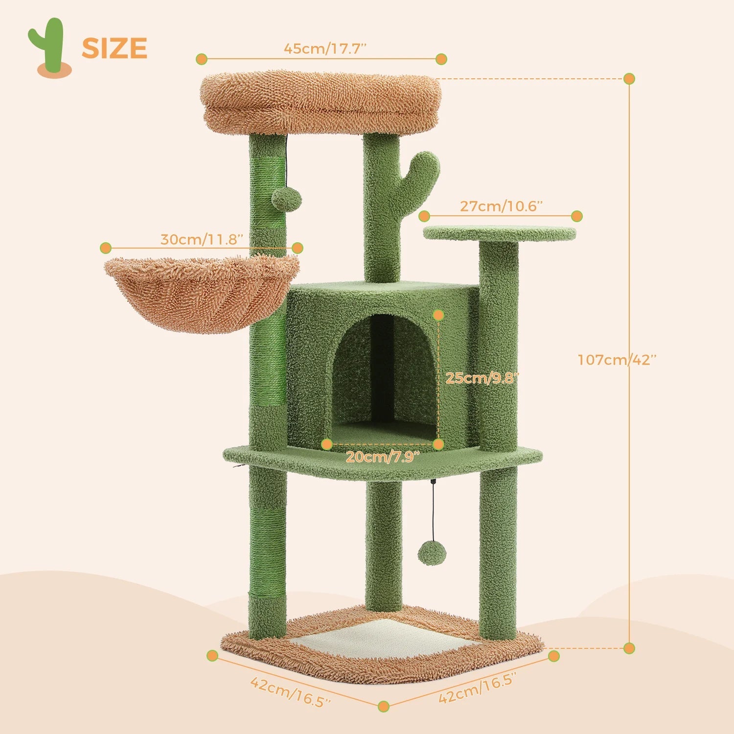 107cm Tall Cactus Cat Tree Tower with Scratching Posts & Condo - Multi-Level Playhouse for Indoor Cats, Perfect for Small Spaces & Kitty Exercise