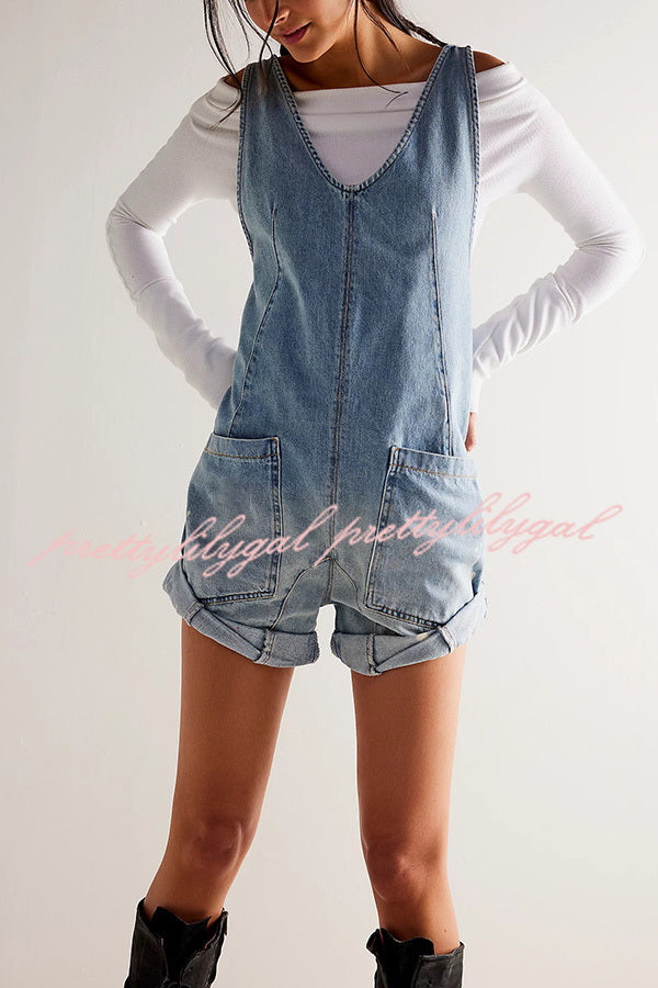 Stylish Loose Sleeveless Pocket Adjustable Denim Romper Jumpsuit for Women - Perfect for Summer Outings, Beach Vacations & Casual Wear