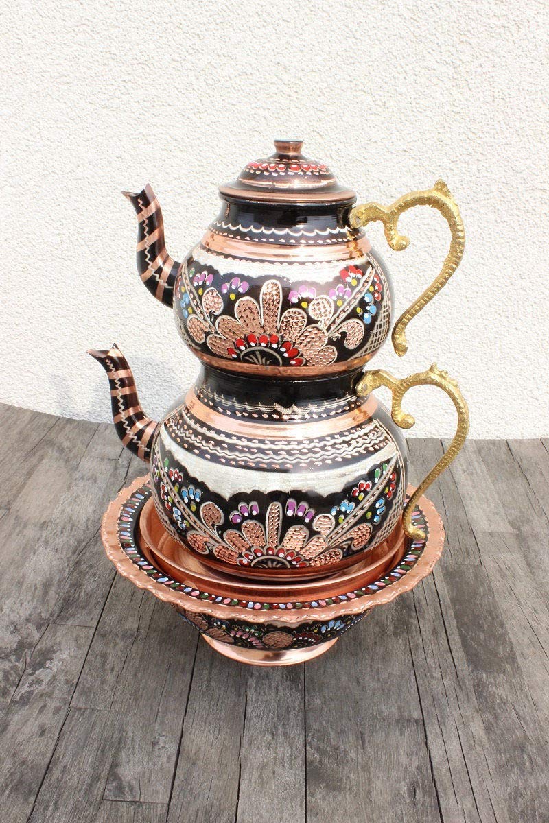 Handmade Copper Tea Pot Set - Traditional Turkish Samovar & Teapot Kettle for Authentic Tea Brewing | Perfect for Home Tea Ceremonies, Gifts & Turkish Coffee Making