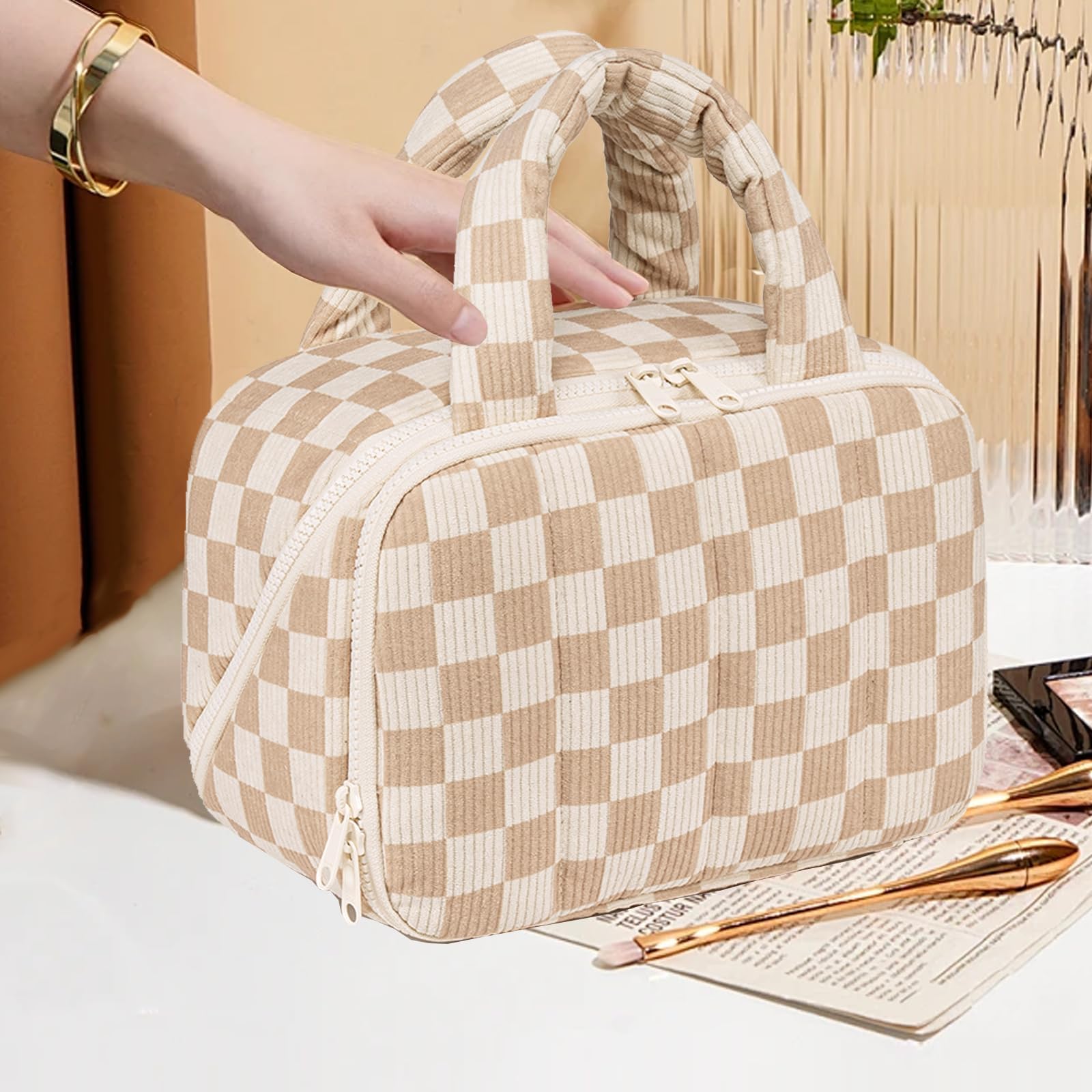 Travel Toiletry Bag for Women - Large Capacity Waterproof Cosmetic Organizer with Wide Opening | Lightweight Quilted Makeup Bag for Essentials | Perfect for Air Travel, Gym & Vacation (Checkered Brown)