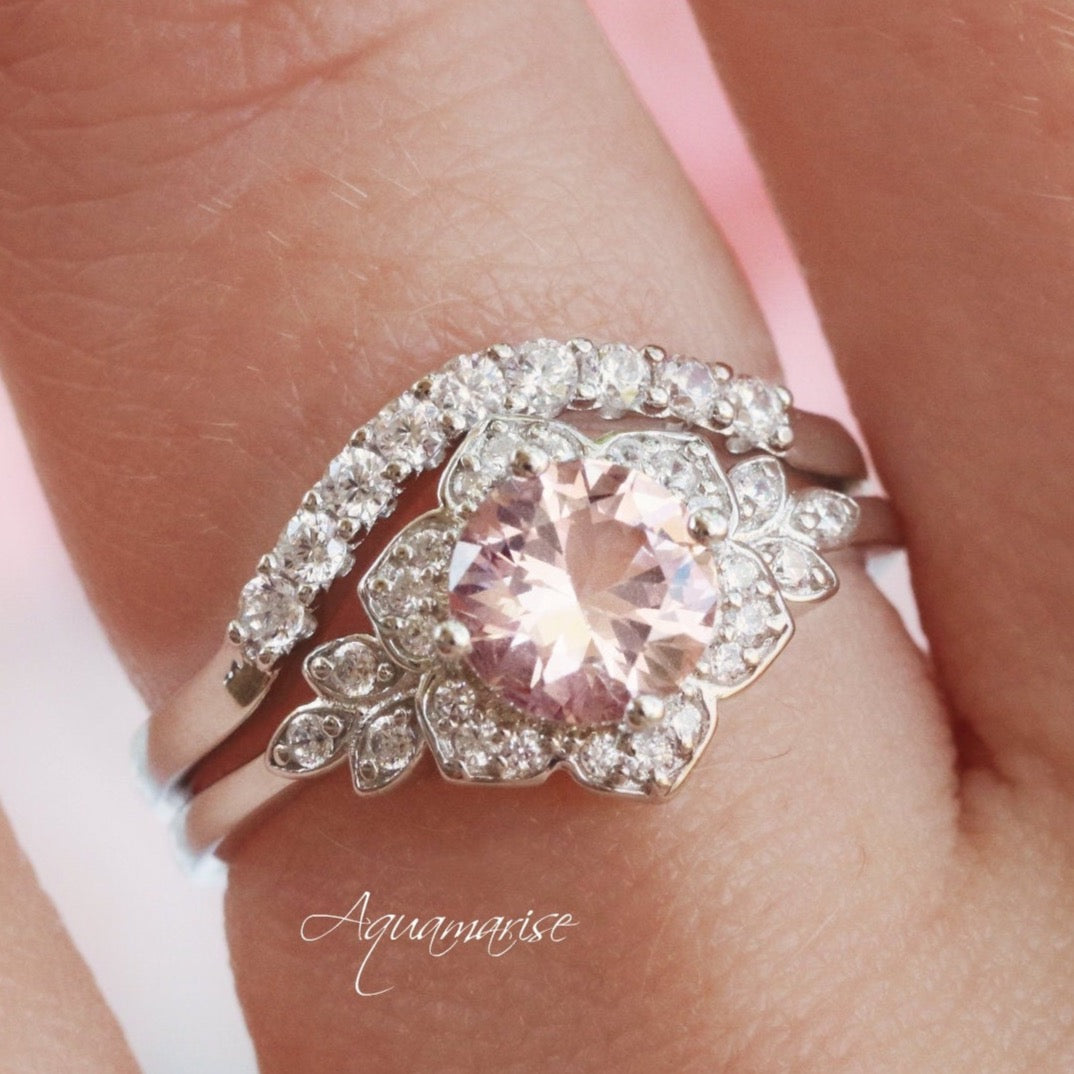 Elegant Jasmine Morganite Ring Set in Sterling Silver - Perfect for Weddings, Anniversaries & Special Occasions