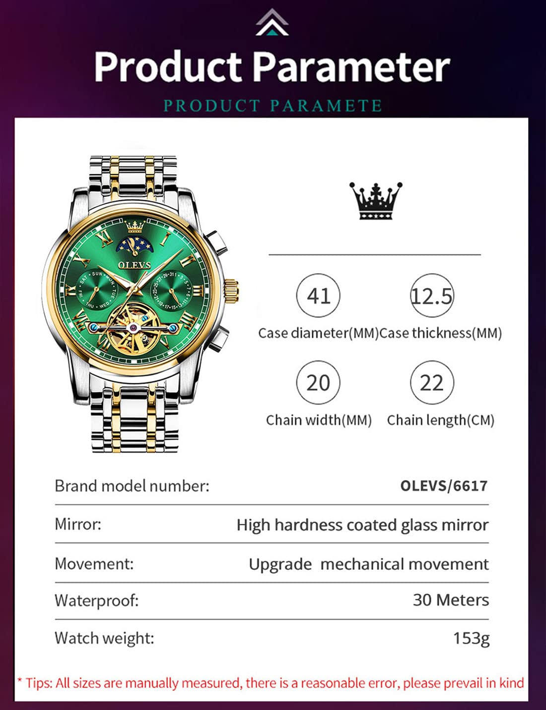 OLEVS Automatic Self-Winding Men's Watch with Date & Day Calendar, Stainless Steel Skeleton Tourbillon Watch - No Battery, Waterproof for Everyday Wear & Business Occasions