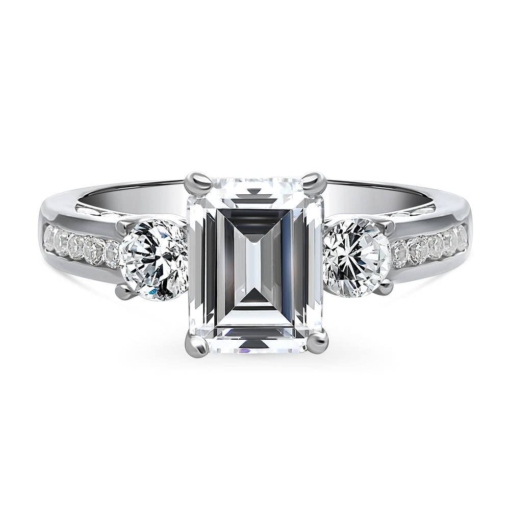 BERRICLE Sterling Silver 3-Stone Wedding & Engagement Ring 2.1ct Emerald Cut Cubic Zirconia CZ Promise Ring for Women - Rhodium Plated, Size 4-10 - Perfect for Proposals, Anniversaries & Special Occasions