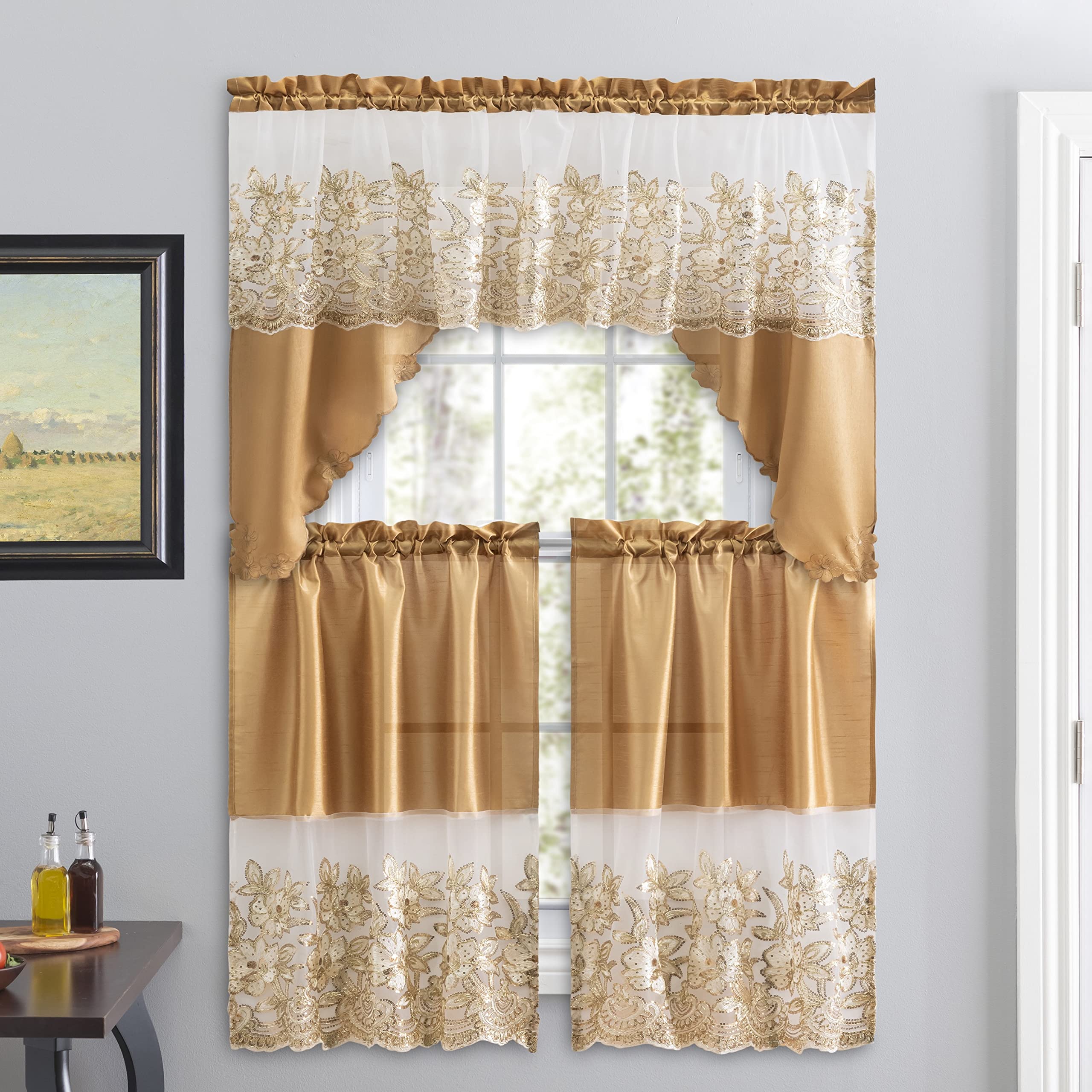 Premium 3-Piece Embroidered Linen Window Curtain Set with Valance & Tiers - Elegant Gold Embroidery for Kitchen, Living Room & Bathroom - Perfect for Home Decor, Light Filtering & Privacy Protection