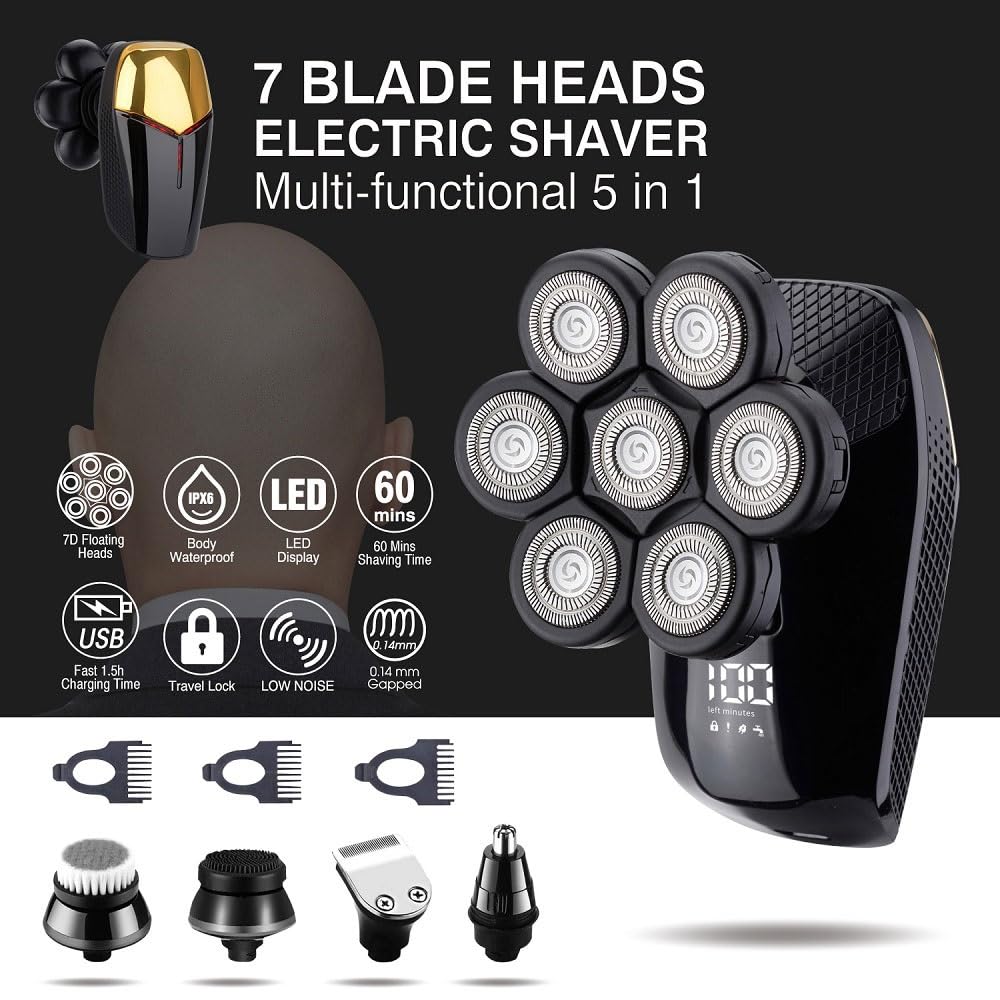 7D Electric Head Shaver for Bald Men - 7 Blade Cordless Waterproof Razor with Multifunctional Grooming Kit | Perfect for Travel, Home Use & Quick Head Shaving
