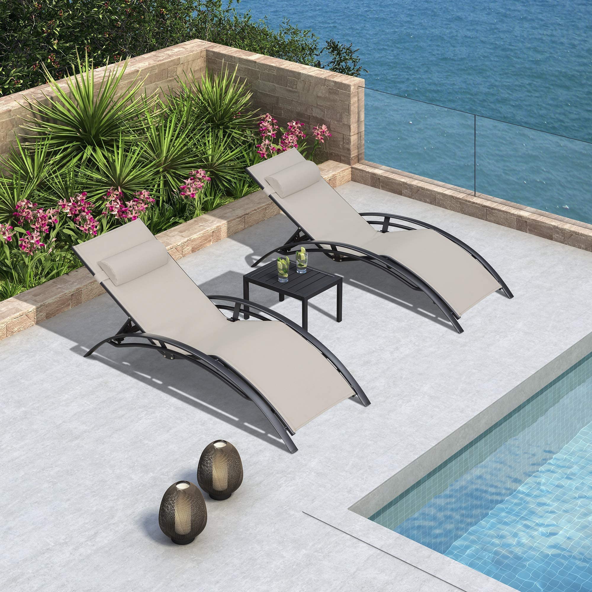 PURPLE LEAF 3-Piece Outdoor Chaise Lounge Set - All-Weather Patio, Pool & Beach Sunbathing Chairs with Side Table - Beige Recliners for Backyard, Lawn & Tanning