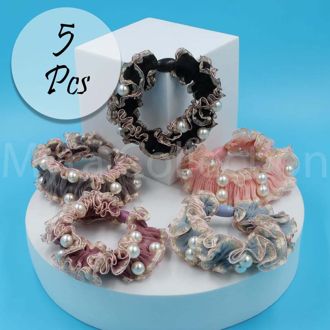 Myra Collection 5-Piece Golden Hair Scrunchies with Pearls - Elegant Hair Ties & Ponytail Holders for Women & Girls - Perfect for Weddings, Parties, and Everyday Style