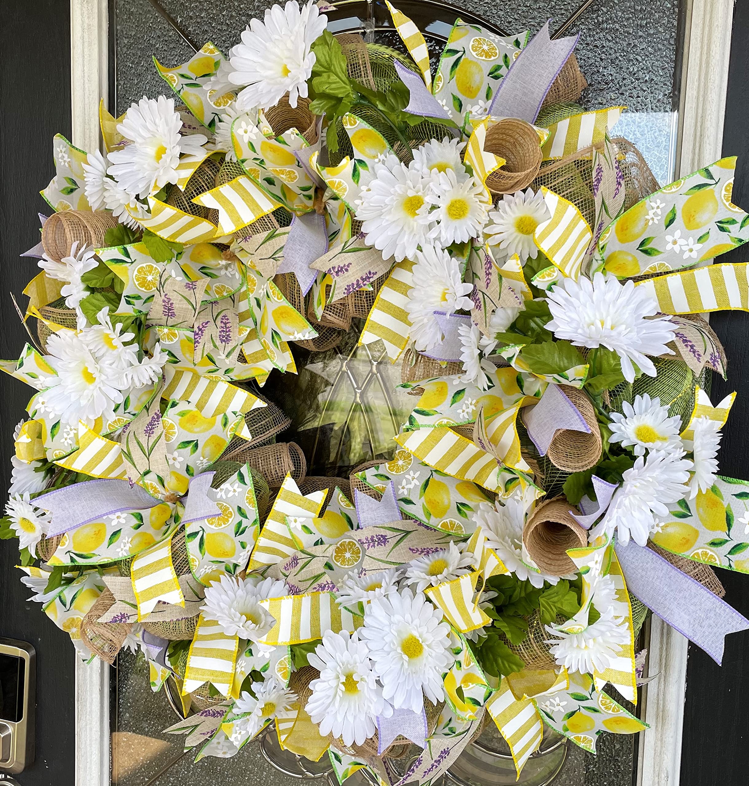 XL Lavender Lemon & Daisy Spring Summer Mesh Wreath - Handmade Front Door Porch Decor, Unique Home Gift for Women - Perfect for Easter, Mother's Day & Housewarming Parties