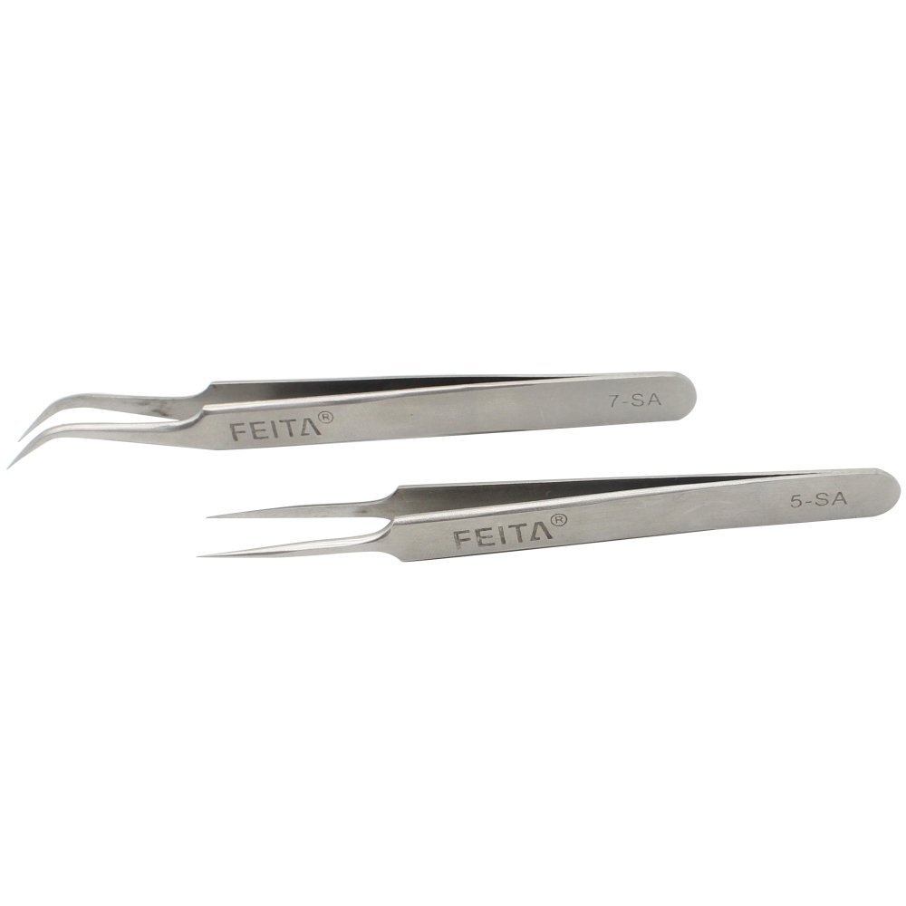 FEITA Professional Eyelash Extension Tweezers Set - Straight & Curved Pointed Fine Tip Tweezers for Lash Extensions, False Lashes & Beauty Salon Use - Silver Stainless Steel 2-Piece Kit for Precise Lash Application