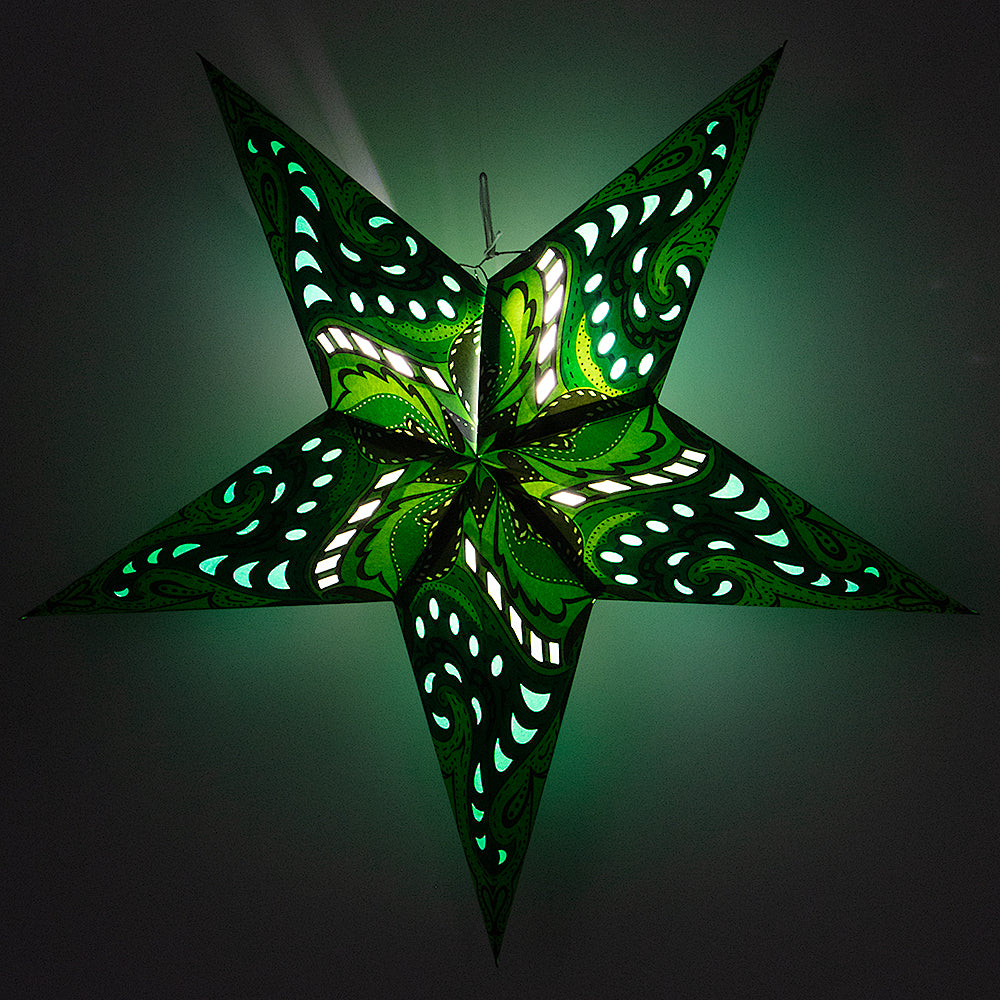 24 Green Paisley Paper Star Lanterns - Elegant Hanging Decor for Weddings, Parties & Home - Perfect for Indoor/Outdoor Celebrations & Boho Chic Room Decor