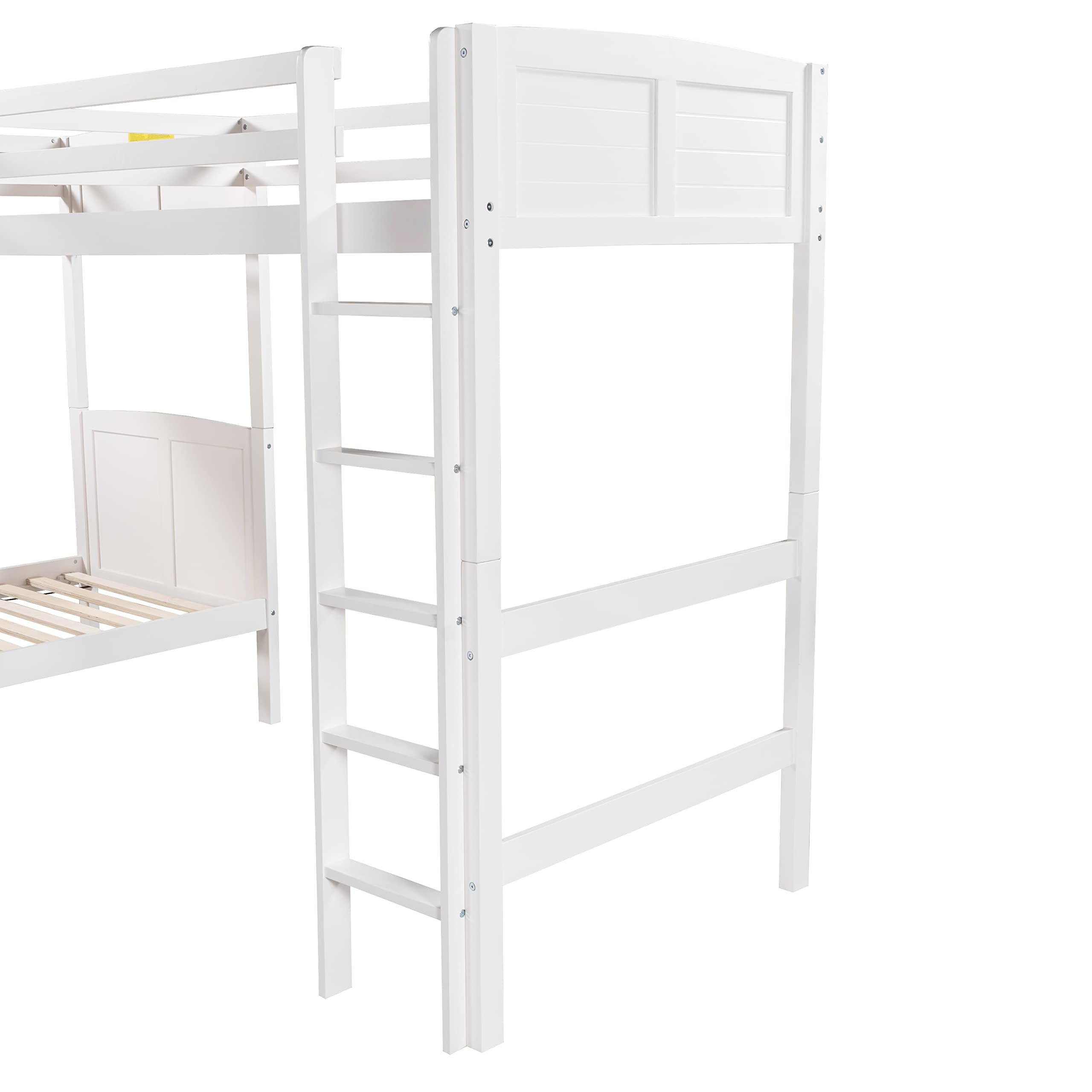 RUNNA Solid Wood L-Shaped Twin Size Triple Bunk Bed with Guardrails & 2 Ladders - No Box Spring Needed (White+TP) - Perfect for Kids' Bedrooms, Dorm Rooms & Space-Saving Home Solutions