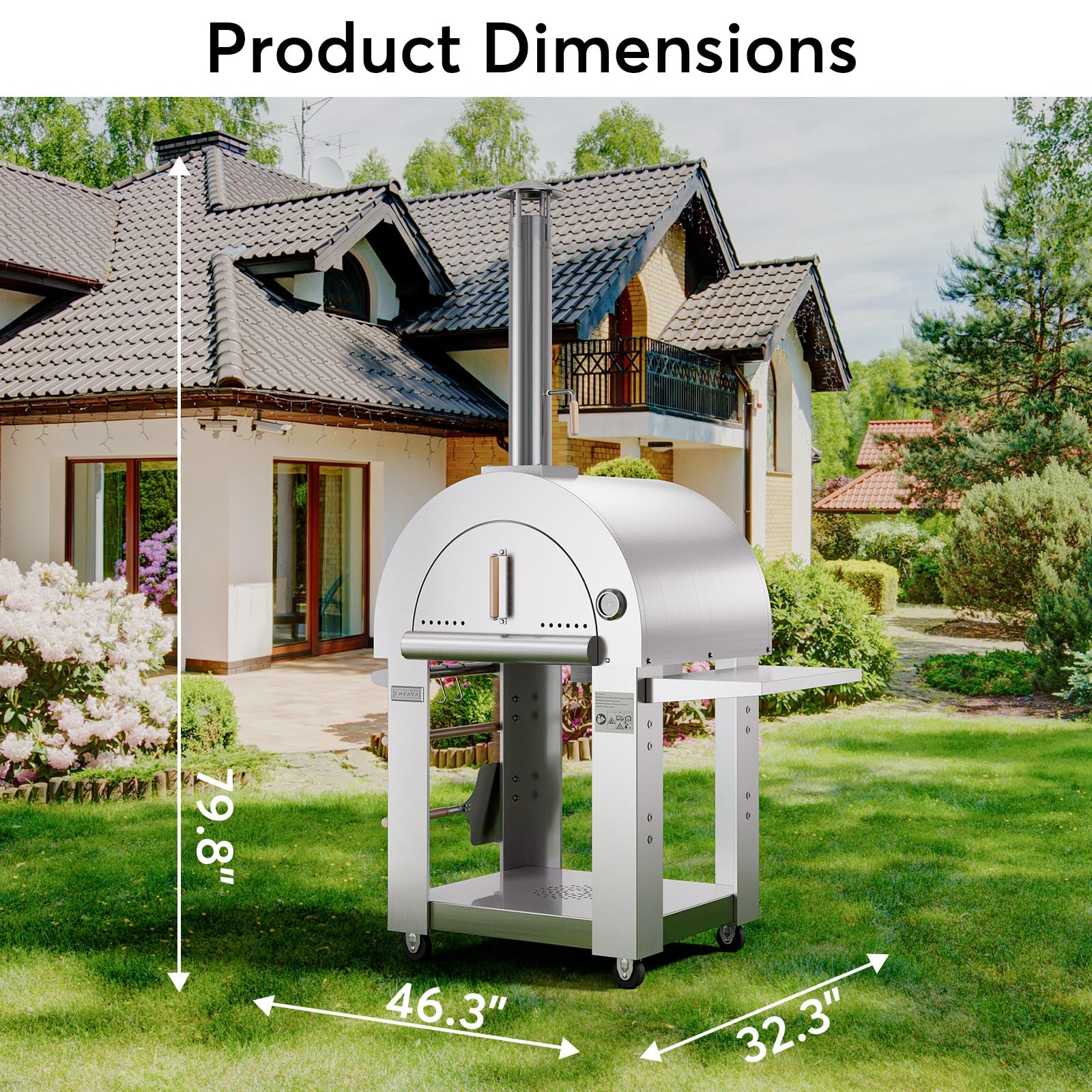 Empava 46 Inch Stainless Steel Wood Fired Pizza Oven with Wheels & Side Panel - Outdoor Kitchen, Backyard Party, Camping & Grill Accessories - Freestanding Silver Design for Patio, Garden & Tailgating