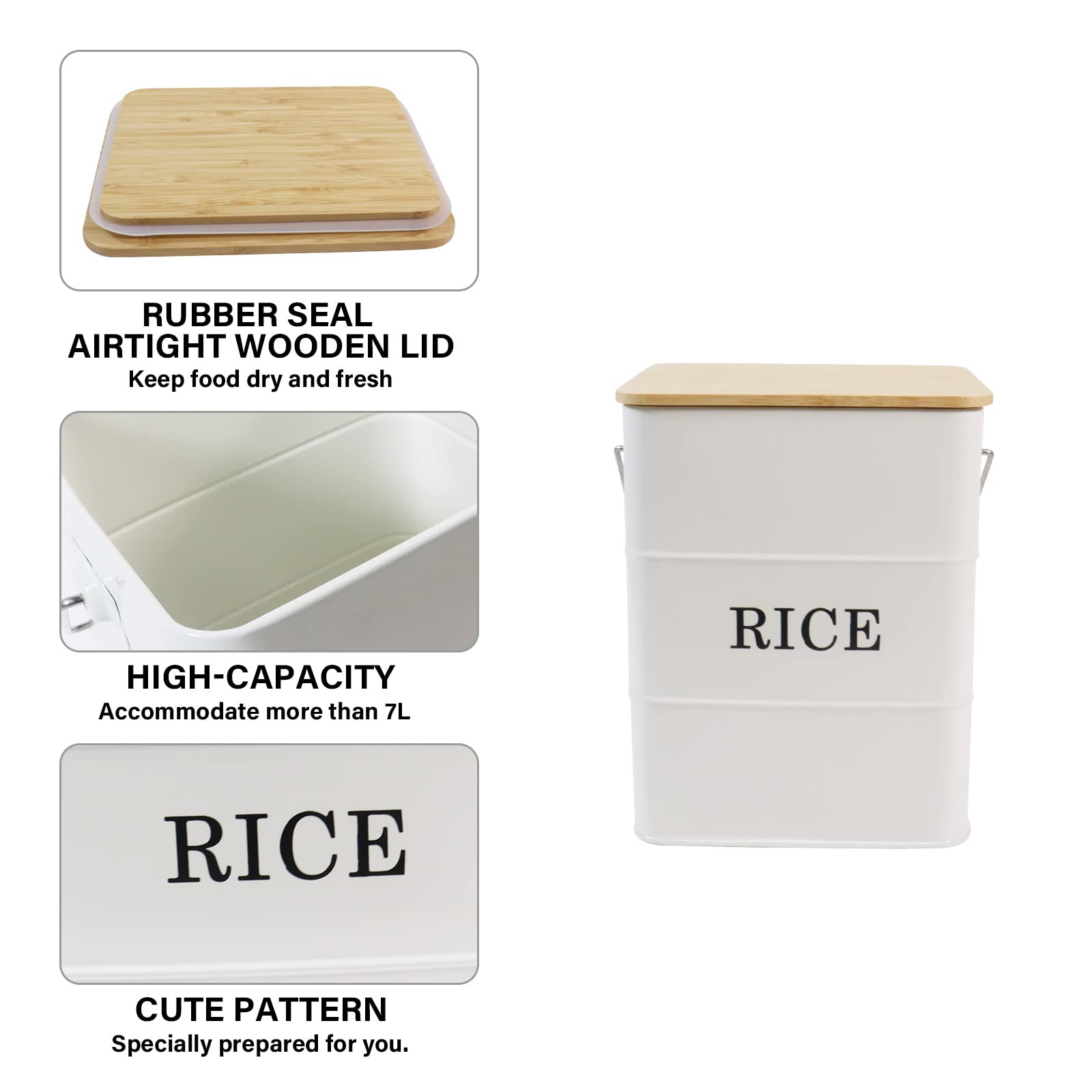 Airtight Metal Rice Storage Bin with Bamboo Lid & Scoop - Food Storage Container for Rice, Flour, Soybean, Grain & Cereal - Perfect for Kitchen Pantry Organization & Bulk Food Storage (White)