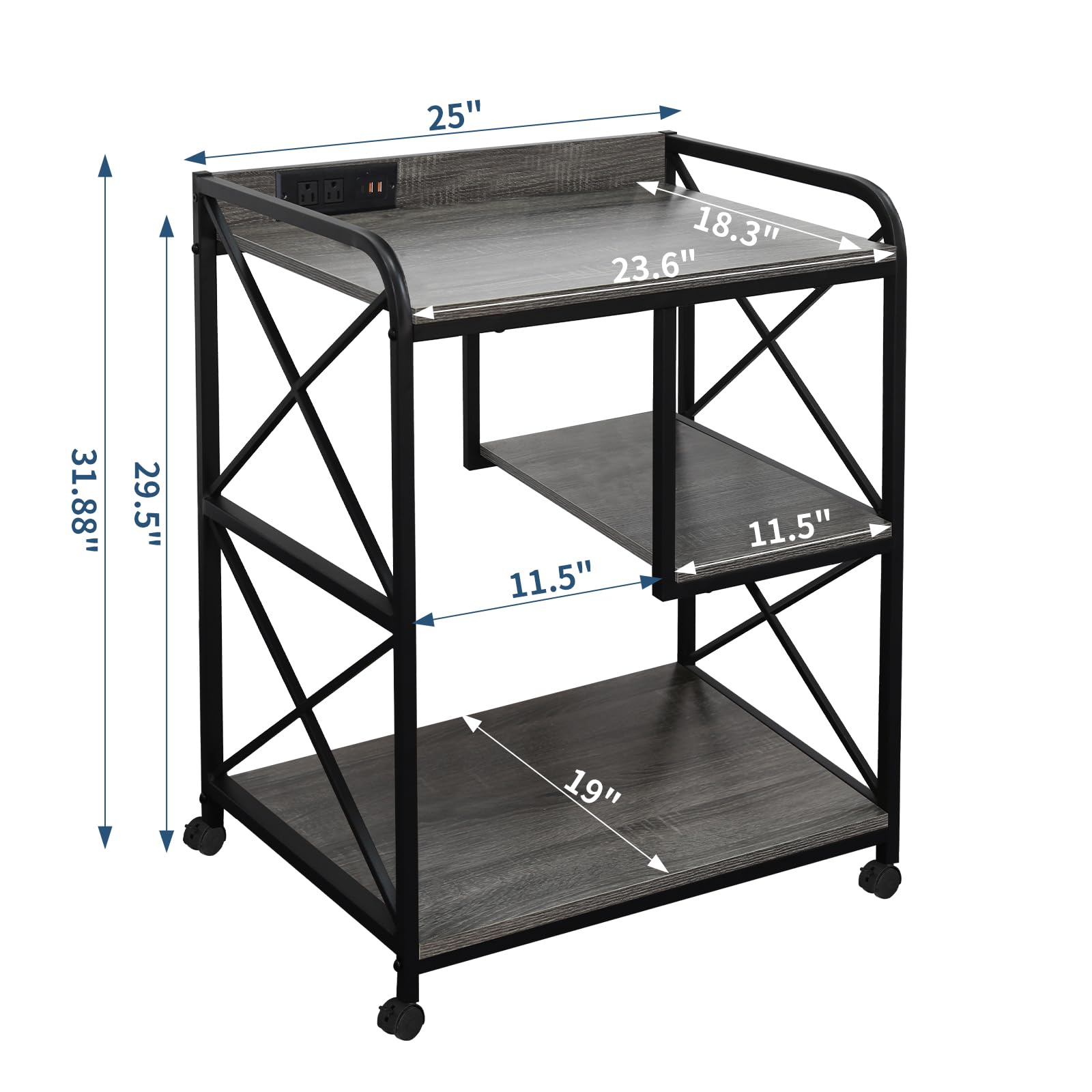 23 x 18 Inch Rolling Printer Stand with Storage Shelf & Power Outlet - Mobile Printer Cart Tower for Home Office, Wheels for Easy Movement - Grey Oak Finish | Perfect for Workspace Organization & Small Office Equipment Storage