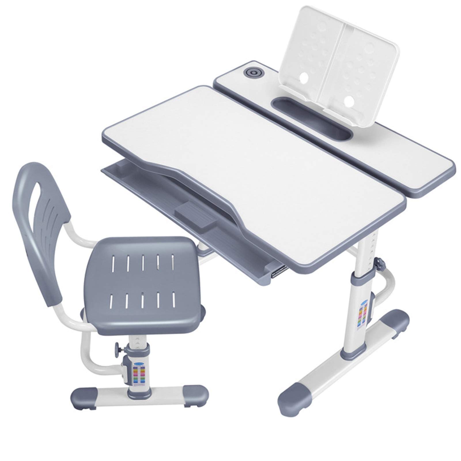 **ARCH Kids Desk and Chair Set - Adjustable Height Study Desk with Tilt Desktop, Bookstand, Storage Drawer & Metal Hook for Ages 3-18 - Perfect for Homework, Reading & Drawing (Gray, Standard Size)**
