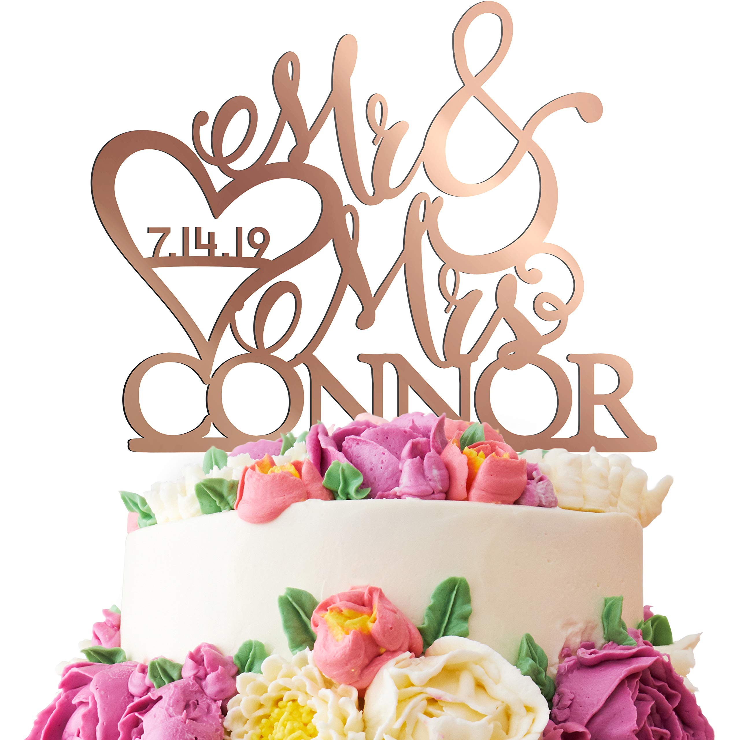 Custom Mr & Mrs Wedding Cake Topper - Personalized Acrylic Cake Decor with Last Name & Date - Bride & Groom Cake Topper in 3 Mirror Finish Colors | Perfect for Anniversary, Engagement & Wedding Cakes