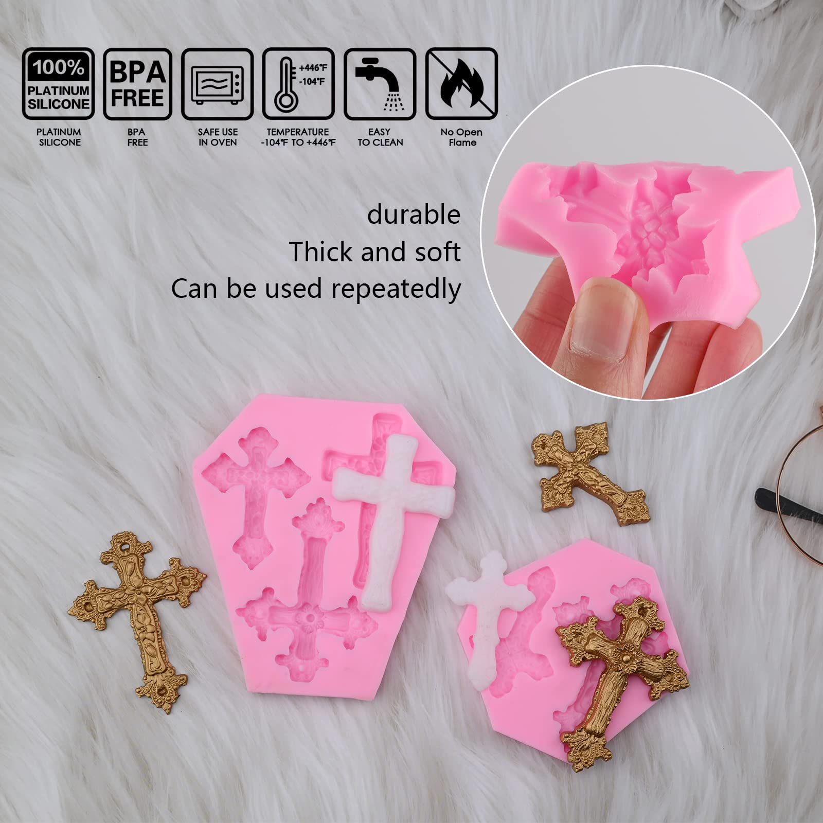 3 Pcs Silicone Cross Molds for Chocolate, Cake, Fondant, Candy, Clay, Cupcake & Candle Making - Perfect for Baptism, Easter, Christmas Decorations & DIY Crafts