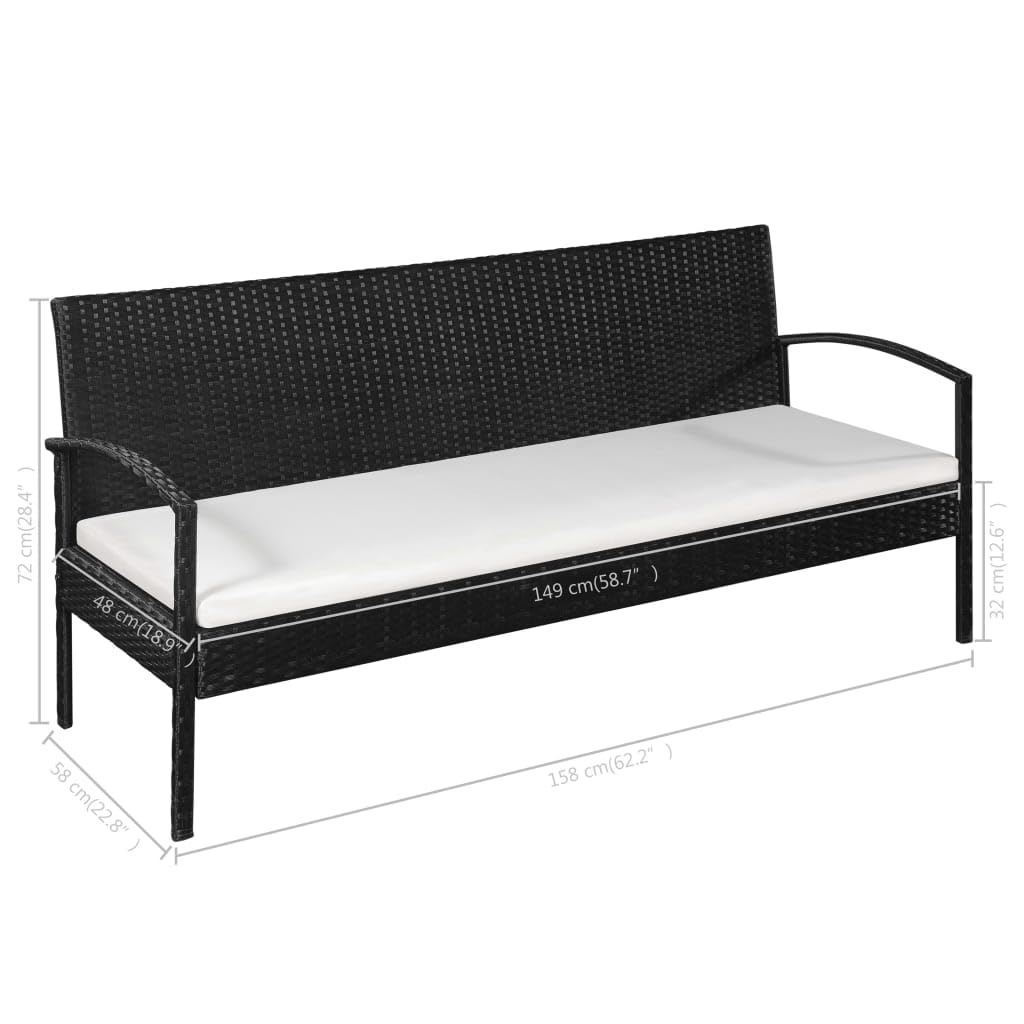 3-Seater Outdoor Patio Sofa Set with Cushions - Black Poly Rattan Wicker Furniture for Garden, Backyard, Poolside & Balcony Relaxation